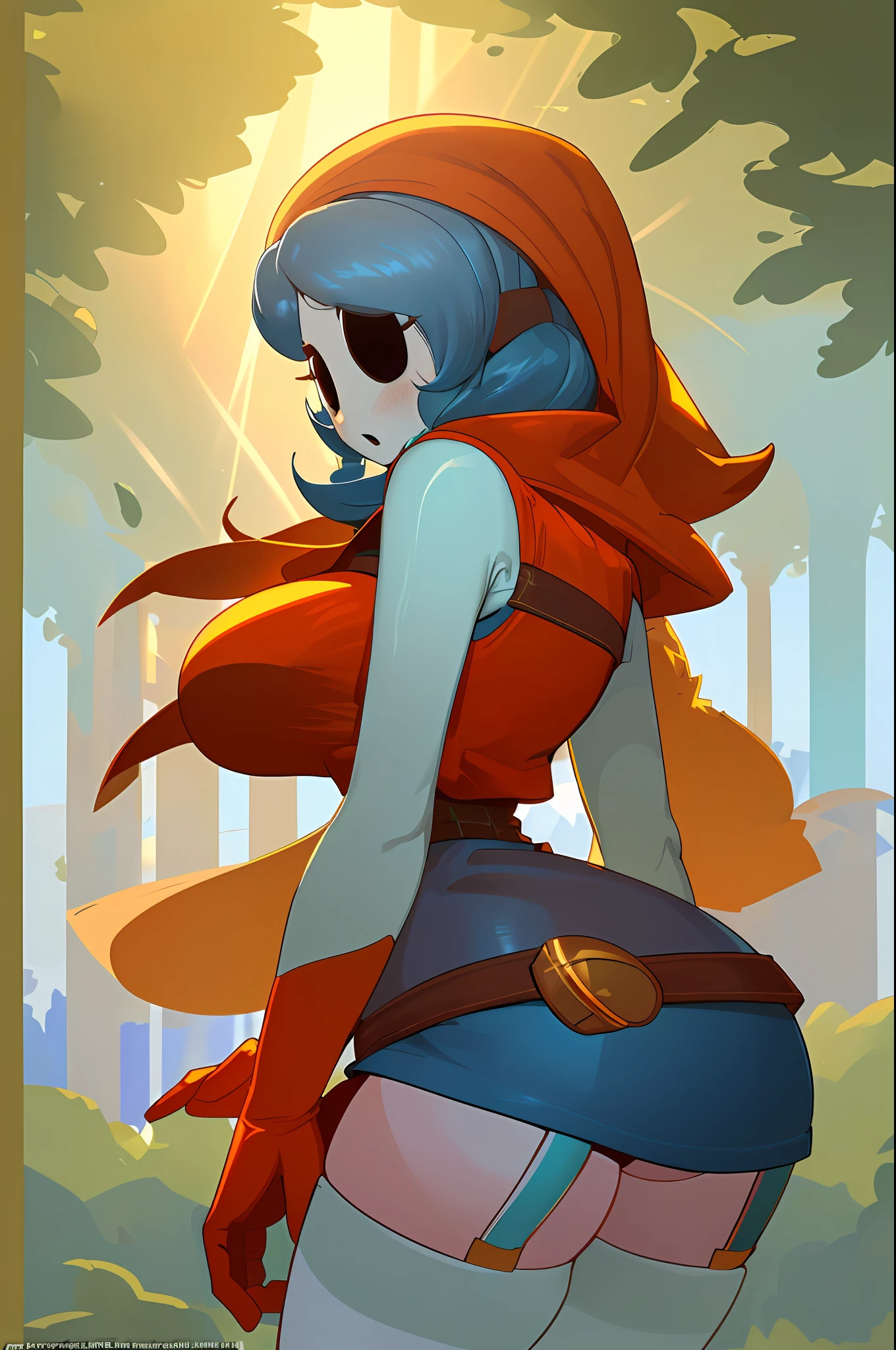 ((Best Quality, 4K, Masterpiece: 1.3)), a beautiful woman with perfect figure: 1.4, highly detailed facial and skin texture, shy guy mask on face, blue curly hair, short orange dress and light blue boots, thighhighs (white, garter belt), brown waist belt, behind shot, forest, sun rays through trees, river in background