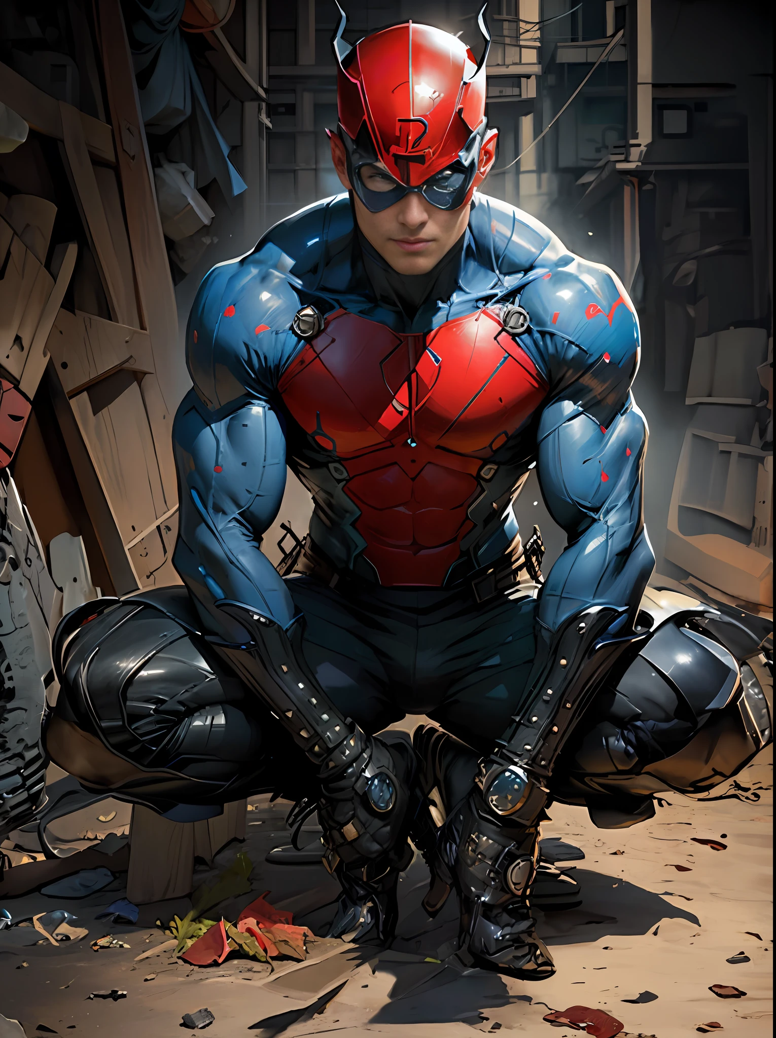 We can see a full-body frontal view of two shoes: 1.5, handsome face: 1.5, one character :1.2, (((best quality))),(((ultra detailed))),(((masterpiece))),illustration,A highly creative illustration depicting a hybrid of DC character Blue Beetle and Marvel character Daredevil. The character retains Blue Beetle's leather gear and beetle-shaped mask, but the helmet displays Daredevil's bat symbol. His body exudes fluid lines and muscle definition, dressed in black leather gear and Daredevil's cloak, holding Daredevil's iconic billy clubs. His eyes are seen through the mask's eye holes, but with Daredevil's shadowy power shining through. The entire body exudes an incredible aura of mystery. Full shot body photo of the most beautiful artwork in the world featuring creative hybrid of Blue Beetle and Daredevil, photorealistic, intricate, detailed, sharp focus, dramatic, trending on ArtStation, trending on CGSociety, by Jim Lee, John Romita Jr., or Alex Ross.