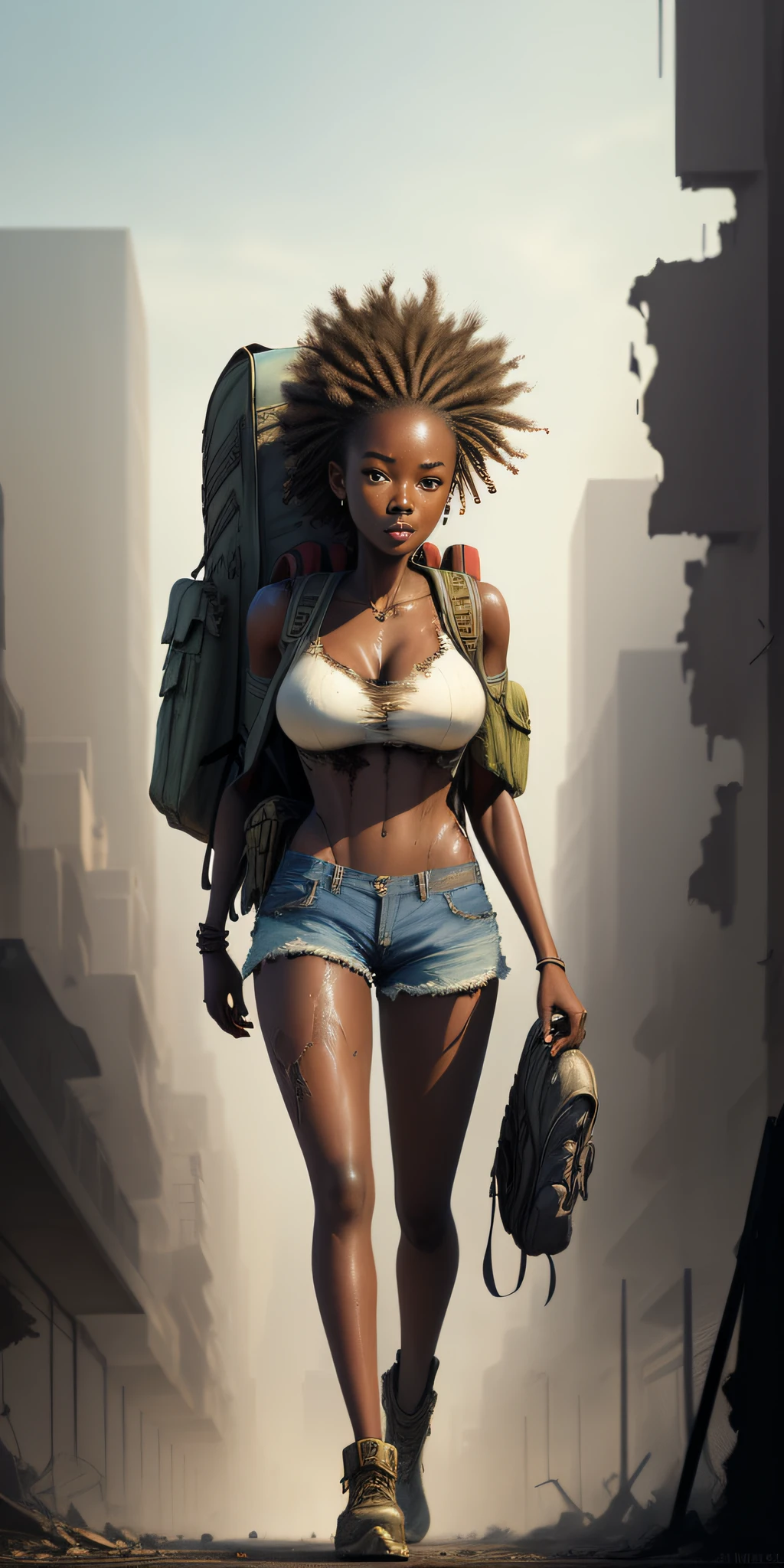 movie scene, a masterpiece (((a beautiful apocalyptic African girl with backpack on her back, short ripped shorts)))), slender body with very large breasts, breasts down, body painting dripping, (walking in a destroyed city behind), whole body, freedom, soul, digital illustration, sci-fi, perfect anatomy whole body, centered, approaching perfection, dynamic, highly detailed, watercolor painting, art station, concept art, smooth, sharp focus, illustration, unique, award-winning, masterpiece