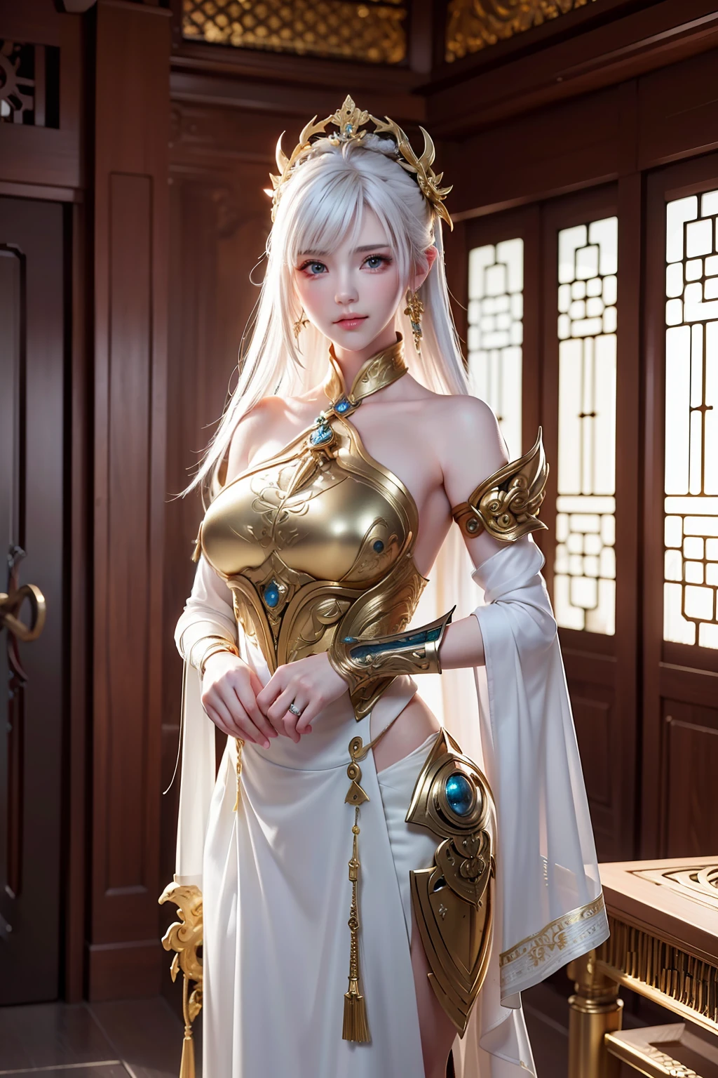 (1mechanical girl:1.4),weapon,sword,holding sword,architecture,east asian architecture,white hair,very long hair,detached sleeves,solo,holding weapon,holding,outdoors,walking,Red Long Dress,turn head,(turn your head to look at viewer:1.3),leaning back,standing,pose,Killer,(Left shoulder not exposed:1.4),(Exposed right shoulder:1.4),Gorgeous Headwear,Gorgeous decoration,More decorative details,(Gorgeous sword:1.1),Gold decoration,.(Mechanical:1.2),Cyberpunk,reinvention,((ultra realistic details)),portrait,octane render,detailed face,global illumination,ornaments detailed,egypician detail,highly intricate details,realistic light,trending on cgsociety,glowing eyes,neon details,(machanical limbs:1.2),(mechanical spine:1.4),Metal,, (8k, 4k, best quality, highres:1.1),realistic,photorealistic,magazine cover,(illustration),(masterpiece),detailed,clear sharp focus,cinematiclighting,(realistic, photo-realistic:1.1),beautiful face,intricate,highly detailed,digital photography,(masterpiece, sidelighting, finely detailed beautiful eyes:1.2),hdr,physically-based rendering,professional lighting,.