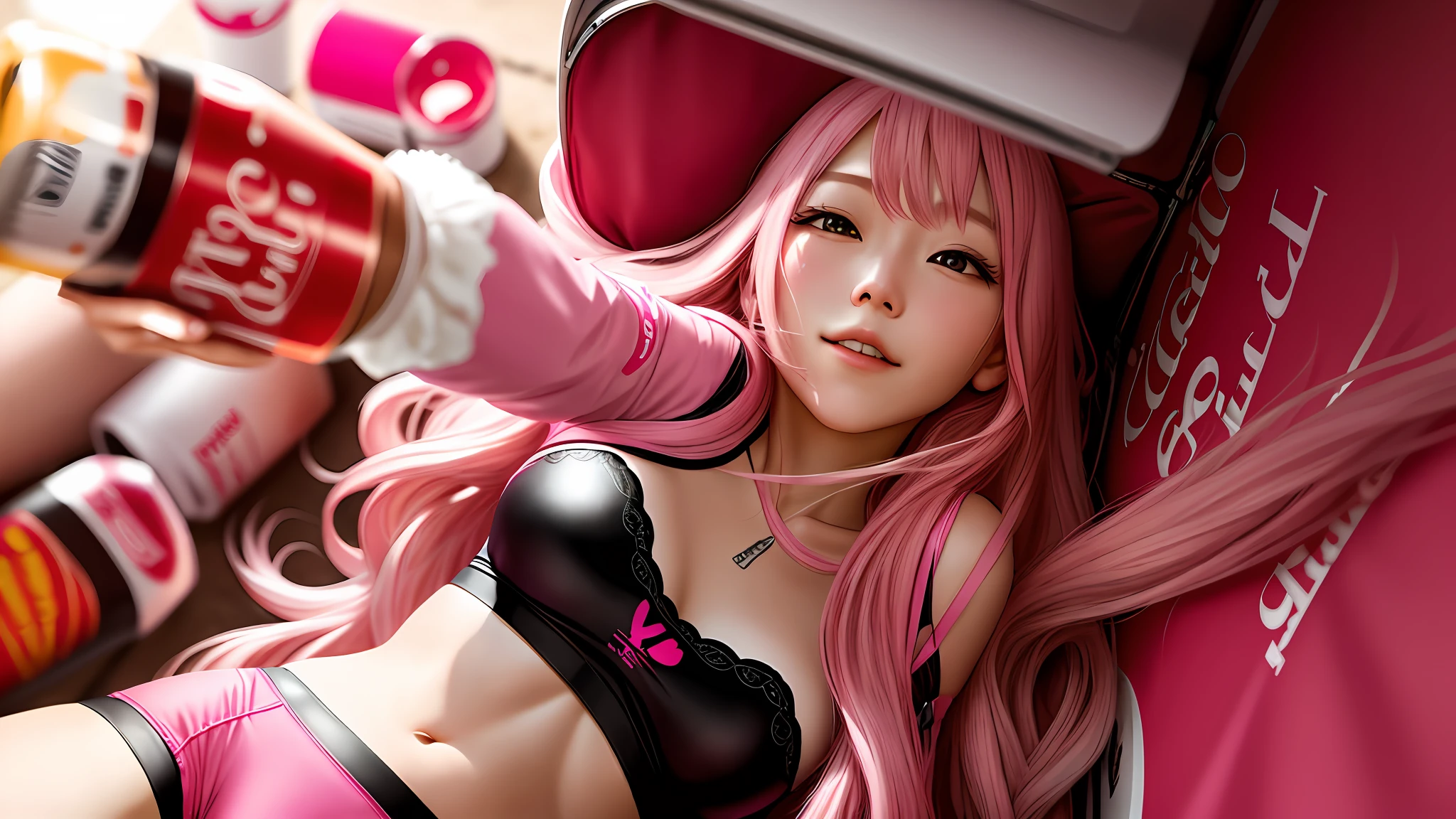 I long hair pink lingerie pink I drinking coke