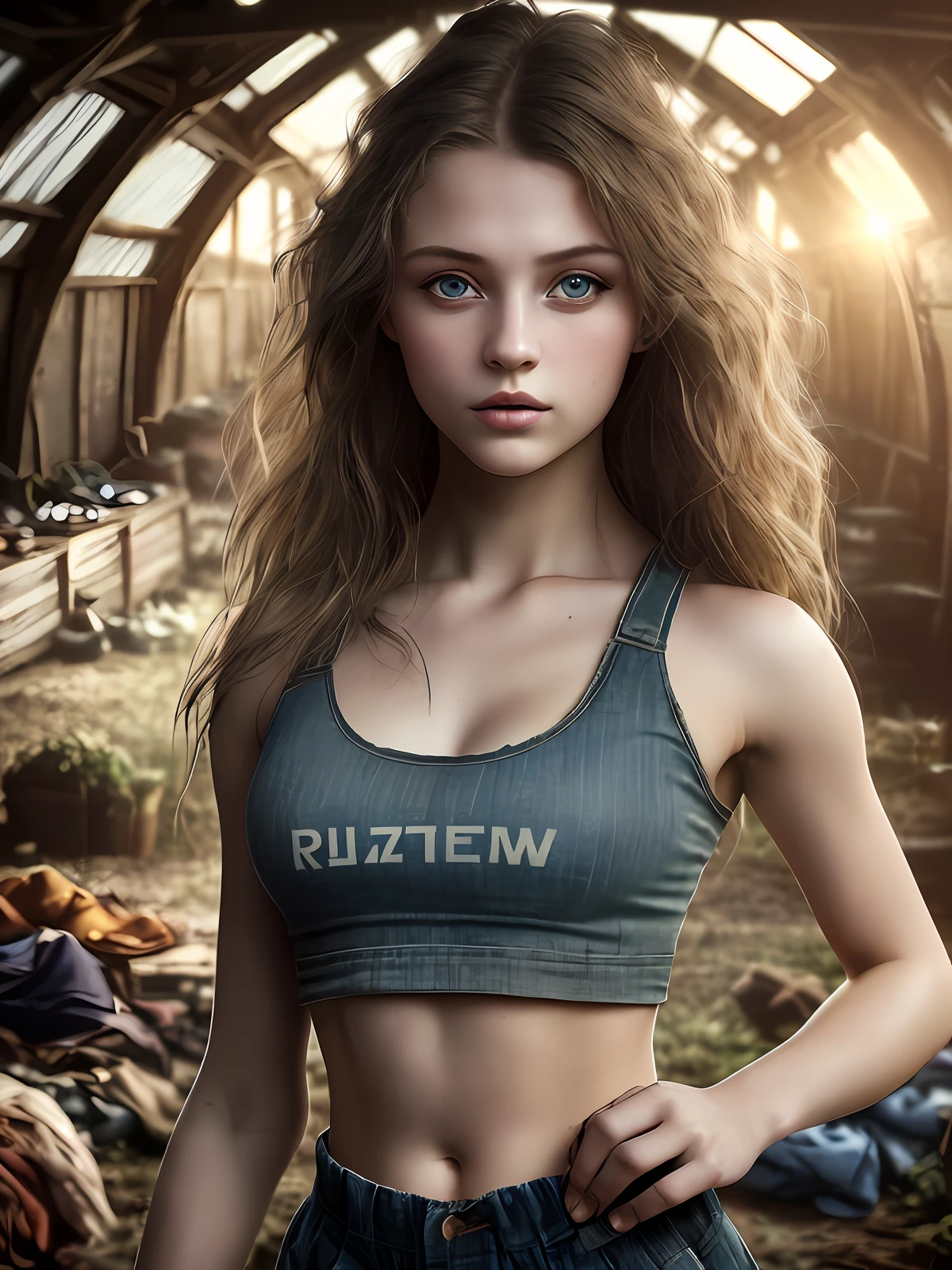 Dark background, hyper real photo of ((beautiful young russian woman inside a cluttered barn wearing worn-out torn cotton croptop)), abs, model posing, ((detailed realistic face and eyes)), cinematic lighting, 8k resolution, (modelshoot style), sunset, (from_below:1.4)