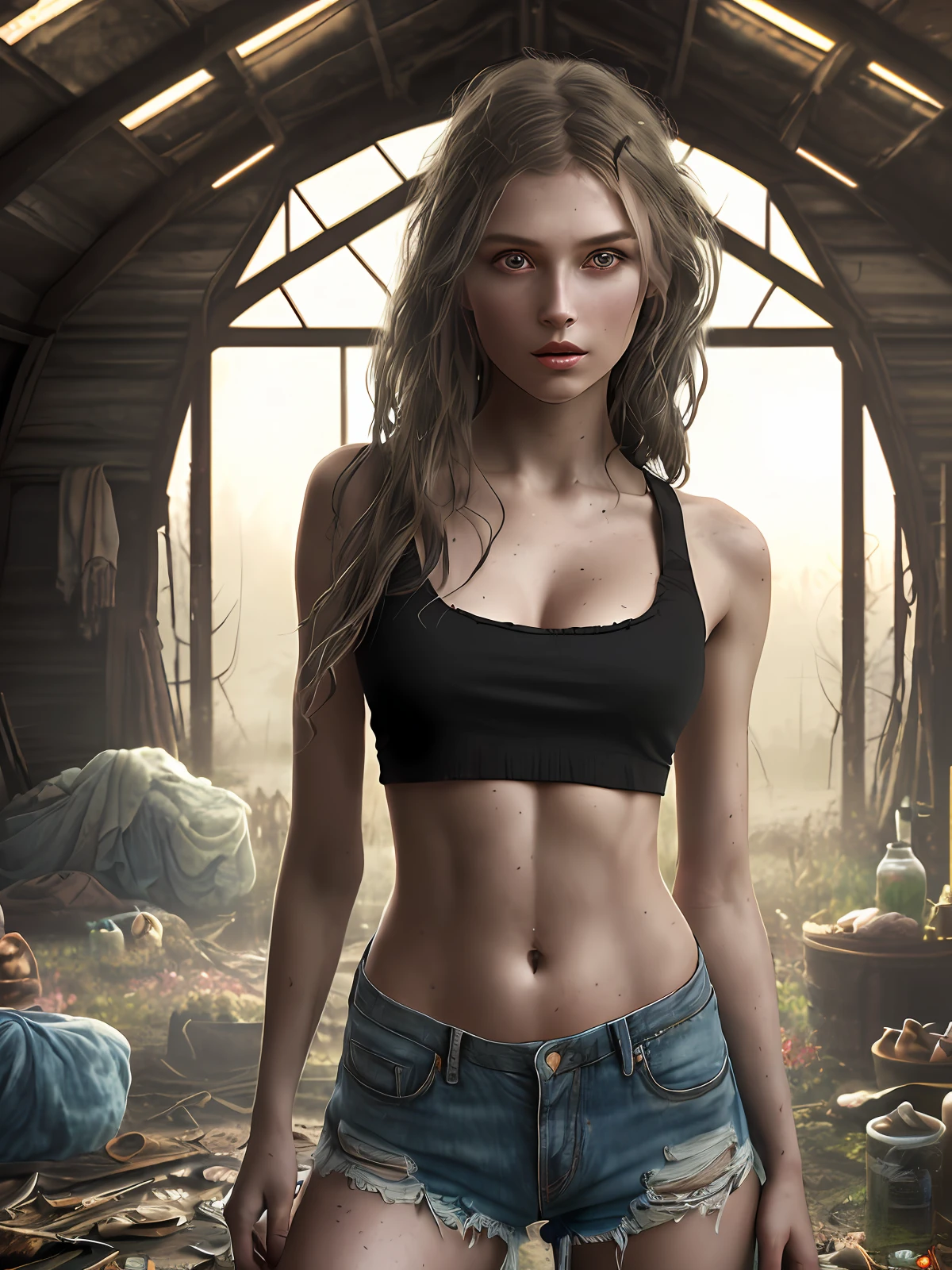 Dark background, hyper real photo of ((beautiful young russian woman inside a cluttered barn wearing worn-out torn cotton croptop)), escapes from the pursuit of a scary zombie, abs, model posing, ((detailed realistic face and eyes)), cinematic lighting, 8k resolution, (modelshoot style), sunset, (from_below:1.4), soft small covered by (ripped torn cotton tanktop), natural breasts
