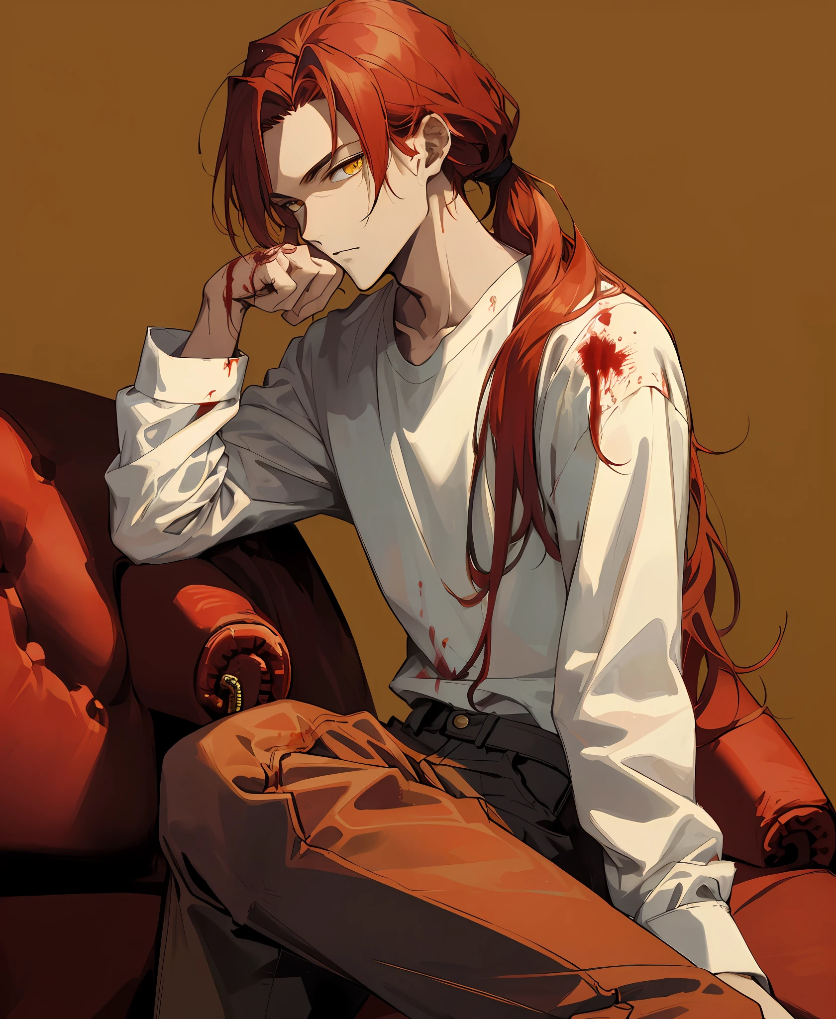 (masterpiece, best quality, high quality), 1young man, ((not impressed)), sitting, looking at the viewer, red hair, (long hair, disheveled hair), yellow eyes, :(, hair ponytail, black and red clothes, blood, sinister background