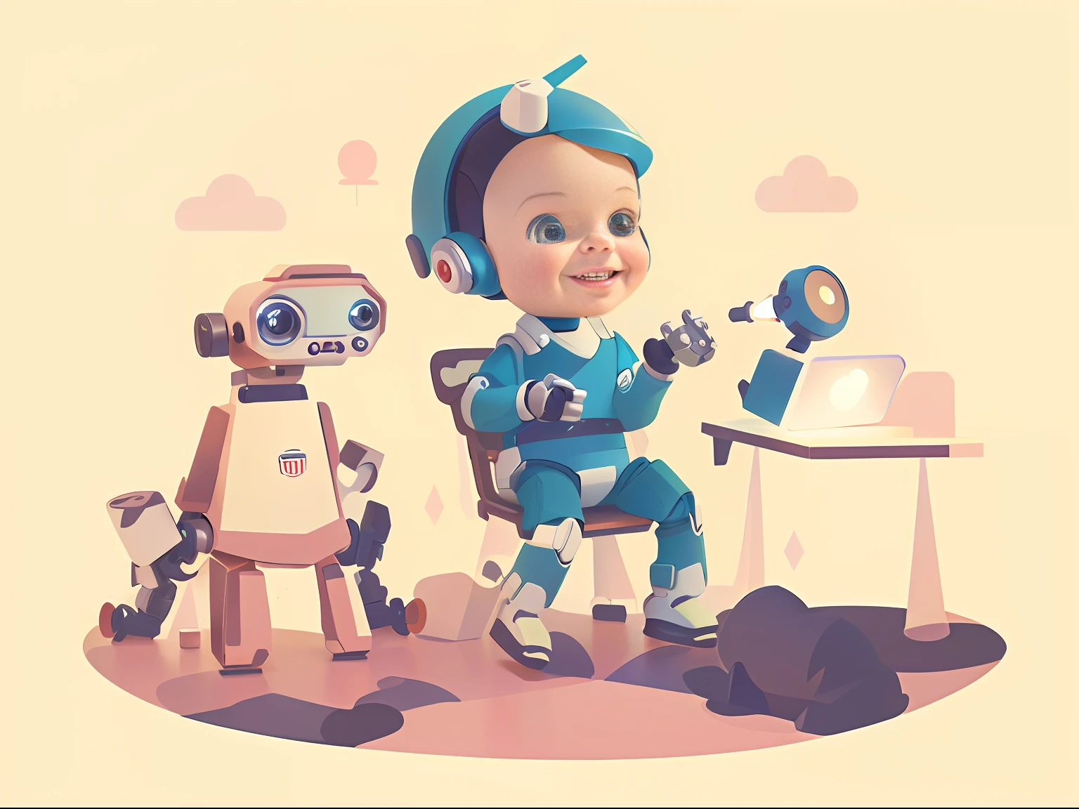 cartoon illustration of a sitting in a chair with a robot and a robot, adorable digital painting, 2d illustration, 2 d illustration, beautiful robot character design, cute 3 d render, james gilleard artwork, cute humanoid robot, 2d digital illustration, cute robot, tintoy characterdesign robot, cute digital art, digital 2d illustration