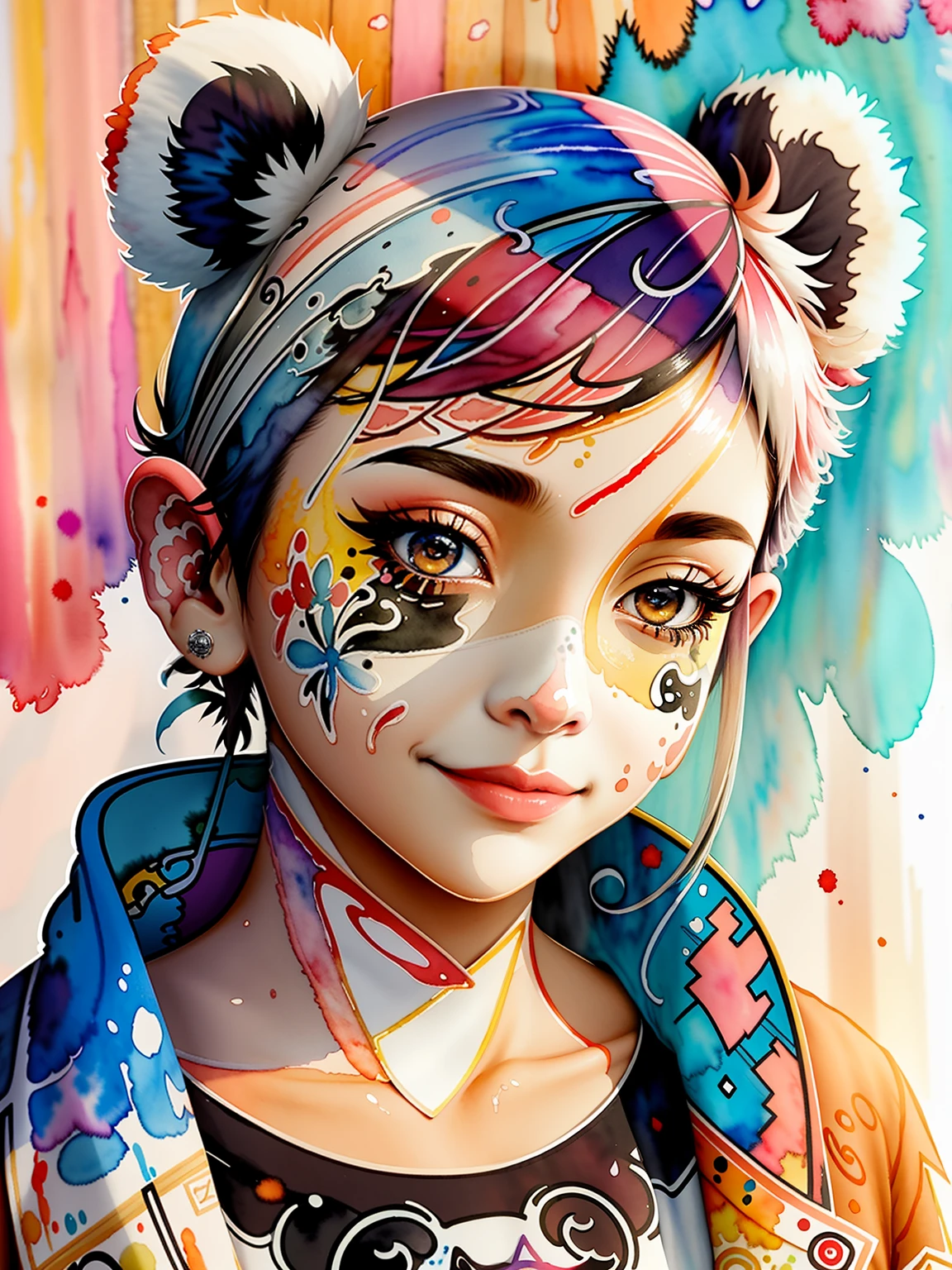 WTRCOLOR style, digital art (panda character), official art, frontal, smile, masterpiece, beautiful, (((watercolor)), face paint, paint splatter, intricate details. Eye for meticulous detail, [Drip: 0.5], hot topic at art station, Rachel Walker
