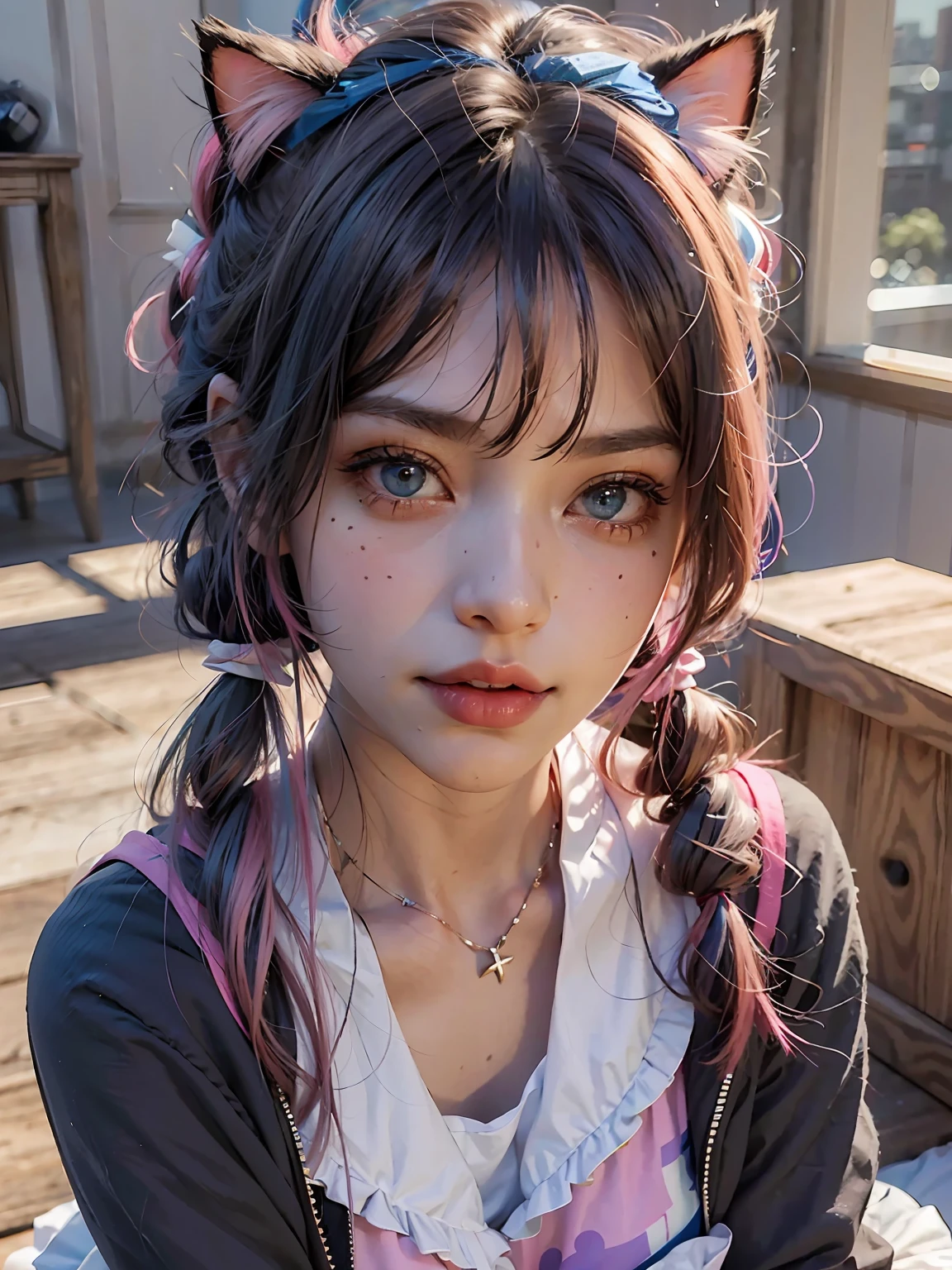 1girl, double ponytail, multicolored hair, hair accessories, hair above one eye, cat ears, blue eyes, blue hair, pink hair, smile, bow, solo, interior, makeup, pleated skirt, long hair, bangs, pink nails, open mouth, the most beautiful chaotic form, elegant, fauvist design, bright colors, romanticism, atmosphere, (RAW photo, best quality), (realism, photo realism: 1.3), masterpiece, extremely delicate beauty, extremely detailed, sitting, (panorama)