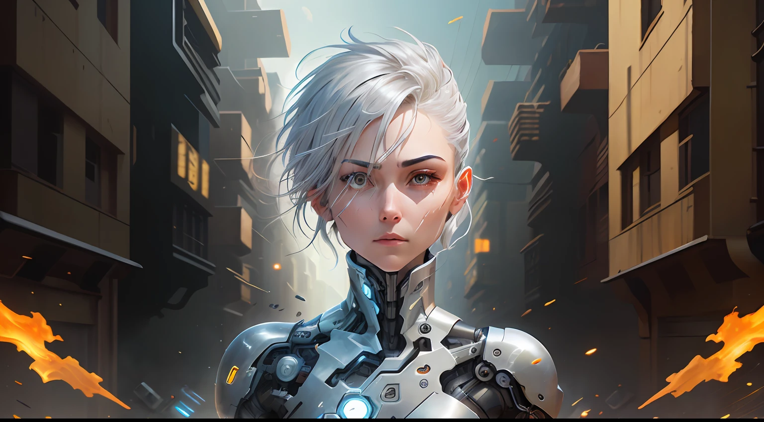 (mechanical parts: 1.5), fighting, bright eyes, short silver hair, tight torn supersuit, in a night shattered city, smoke and fire, aura of brilliant power, dynamic pose, dynamic vision