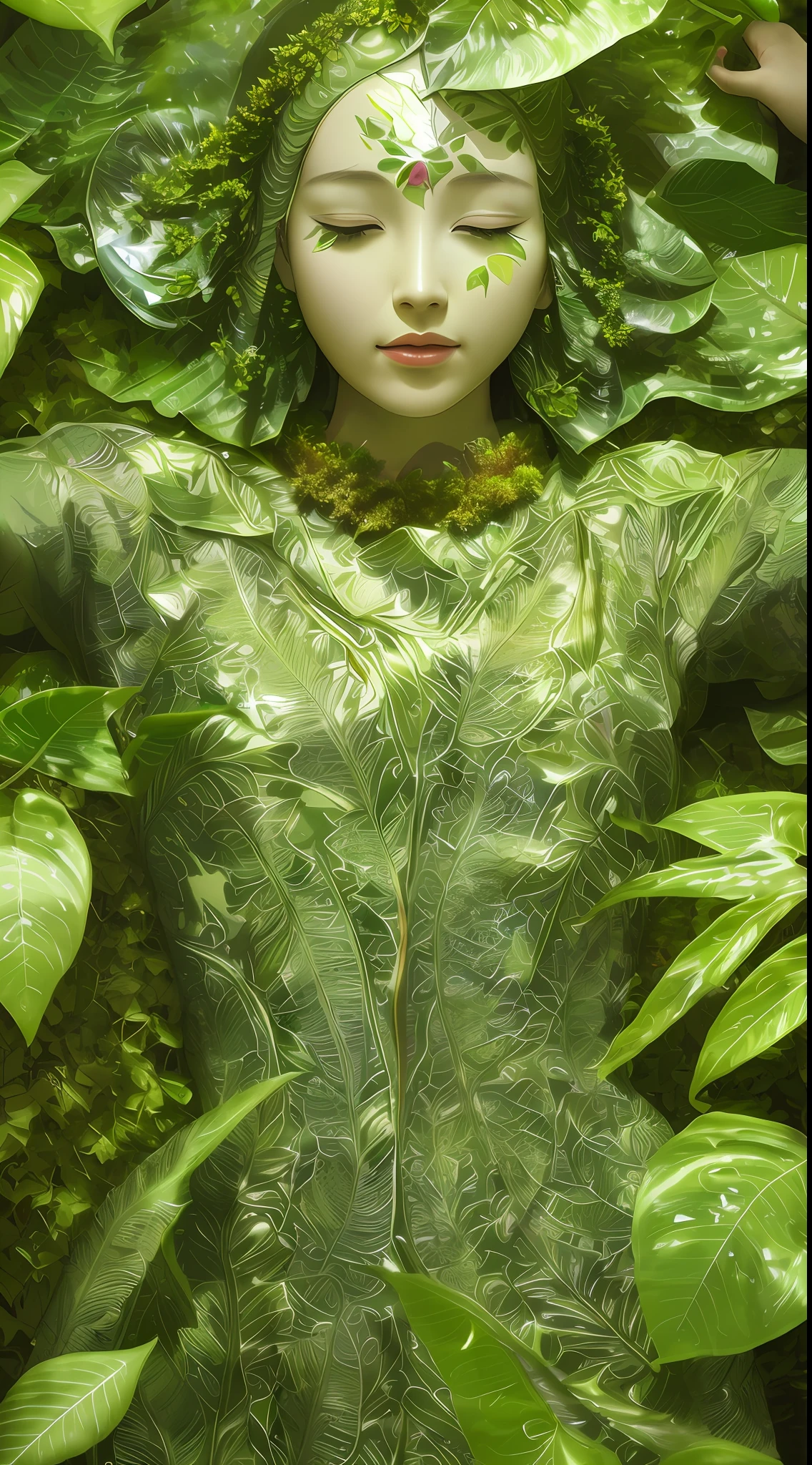 Handicraft photo, photo of a large leaf of an artificial tree, upside, leaves through the afternoon sun, intricate, shiny, transparent, translucent, (women are painted on the leaves), medium view, close-up of leaves, grotesque art style, extremely creative, ethereal, simple and mysterious, high quality, 8k