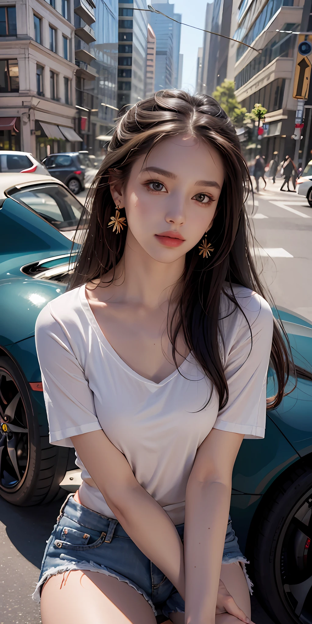 Best quality, masterpiece, super high resolution, (realistic: 1.4), original photo, (evening street), 1 girl, black eyes, looking at the audience, long hair, light makeup, lips, small ears, white t-shirt, denim shorts, earrings, sitting on Ferrari, big breasts, slim