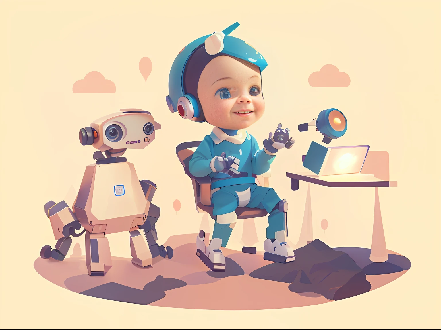 cartoon illustration of a baby boy sitting in a chair with a robot and a robot, adorable digital painting, 2d illustration, 2 d illustration, beautiful robot character design, cute 3 d render, james gilleard artwork, cute humanoid robot, 2d digital illustration, cute robot, tintoy characterdesign robot, cute digital art, digital 2d illustration