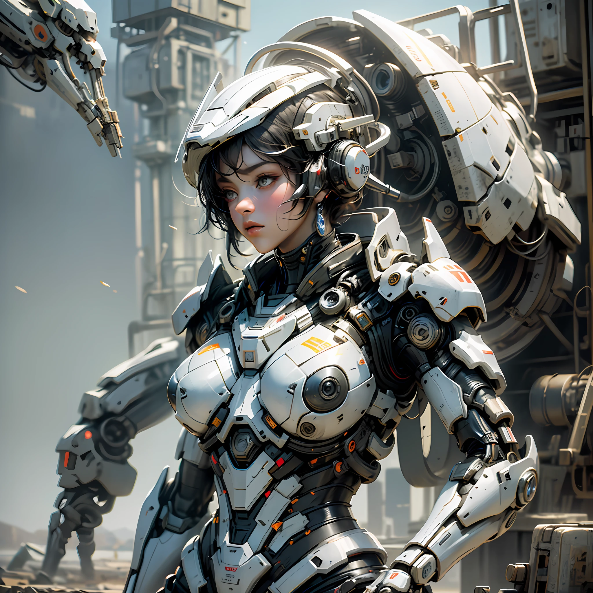 (masterpiece), (best quality), 8k resolution, RAW photo, realistic, 1girl, girl in exoskeleton, white armor, mechanical, stunning beauty, full body, standing in front of a giant robot, stand, cool pose