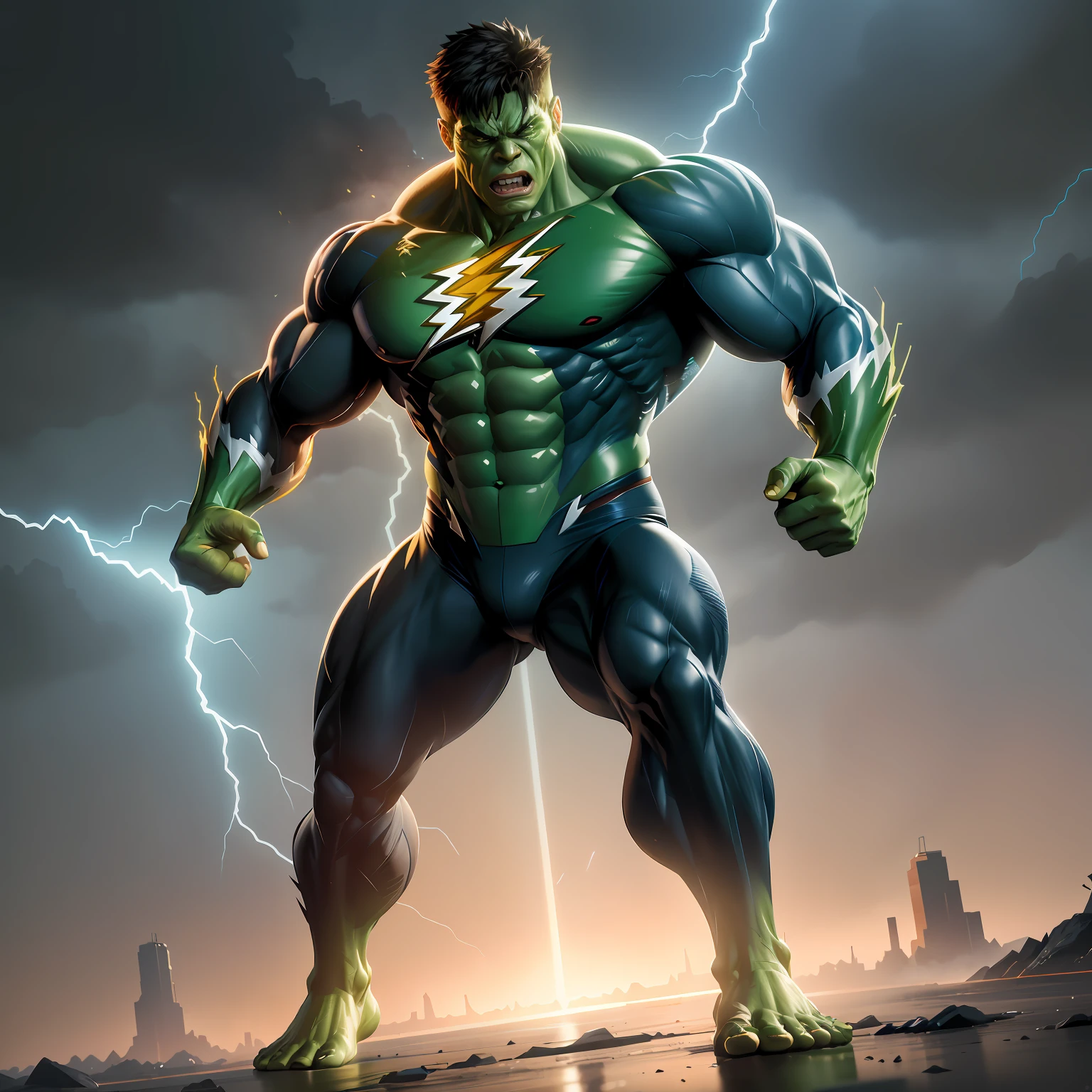 8k, realistic, charismatic, very detailed, Hulk, The Flash, Symbiote, Superhero Theme, Full Body, ray-traced images of Arthur Pan, trends on Artstation, digital art, red and cinematic lighting, dramatic shadows and beautiful vivid colors capture scenes. Romantic art style, lightning bolt sign, unusually strong muscles, flat perspective