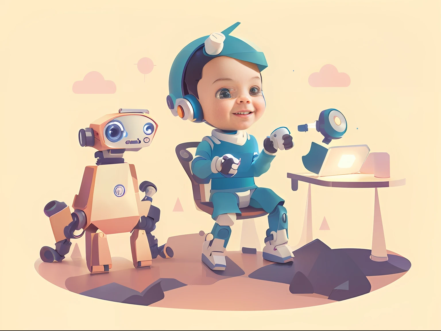 cartoon illustration of a baby boy sitting in a chair with a robot and a robot, adorable digital painting, 2d illustration, 2 d illustration, beautiful robot character design, cute 3 d render, james gilleard artwork, cute humanoid robot, 2d digital illustration, cute robot, tintoy characterdesign robot, cute digital art, digital 2d illustration