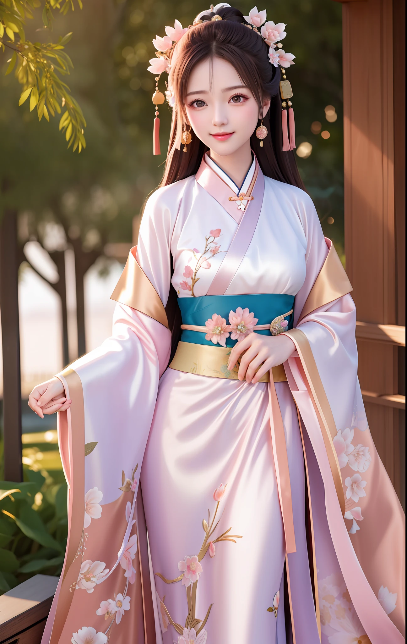 Awesome, Masterpiece, High Resolution, 1Girl, Blush, (Seductive Smile: 0.9), Star Pupil, Chinese Hanfu, Jewelry, Beauty, on_body, Tyndall Effect, Realistic, Peach Blossom Forest, Light Edge, Two-tone Lighting, (High Detail Skin: 1.2), 8K UHD, DSLR, Soft Light, High Quality, Volume Lighting, Candid Photo, High Resolution, 4K, 8K, Background Bokeh