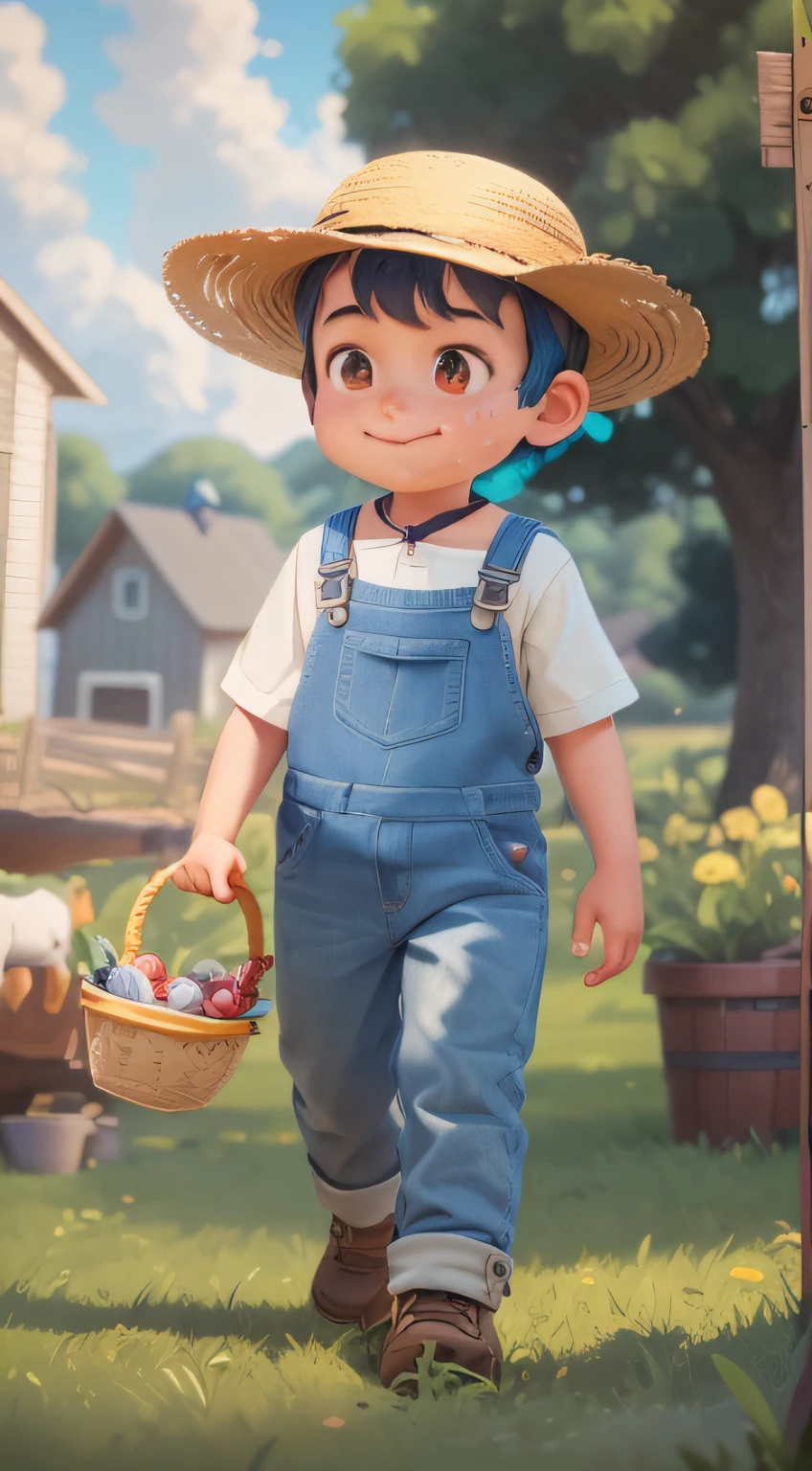 arafed image of a boy in overalls and a straw hat walking in a field, fanart, wearing a straw hat and overalls, small character. unreal engine 5, wearing farm clothes, arnold maya render, rendered in arnold, full body portrait of a short!, full body close-up shot, animation style render, blue overalls, cute 3 d render