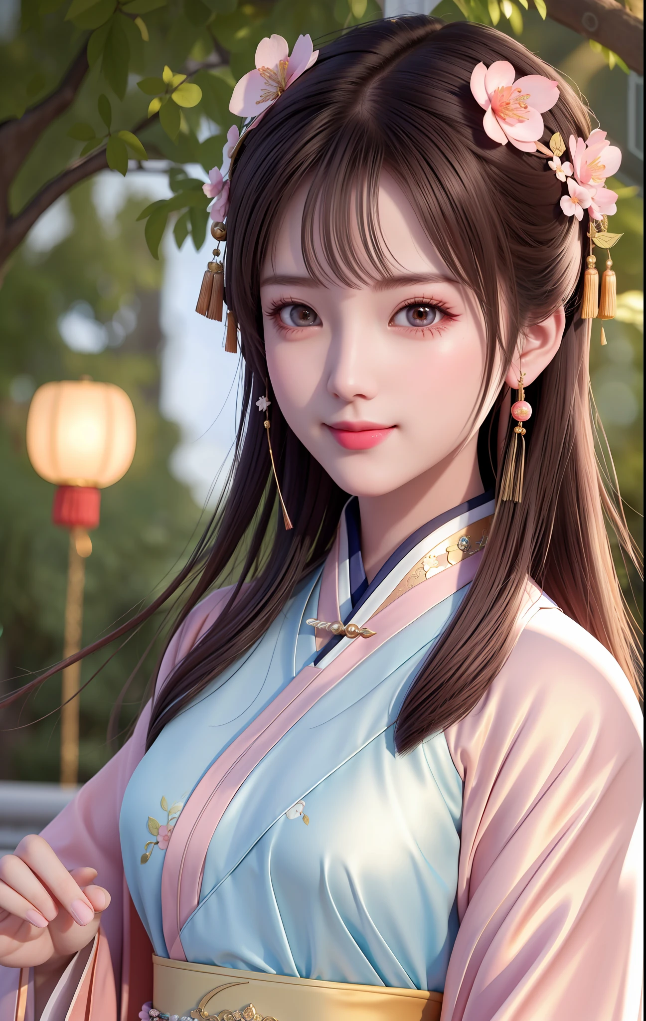 Awesome, Masterpiece, High Resolution, 1Girl, Blush, (Seductive Smile: 0.9), Star Pupil, Chinese Hanfu, Jewelry, Beauty, on_body, Tyndall Effect, Realistic, Peach Blossom Forest, Light Edge, Two-tone Lighting, (High Detail Skin: 1.2), 8K UHD, DSLR, Soft Light, High Quality, Volume Lighting, Candid Photo, High Resolution, 4K, 8K, Background Bokeh