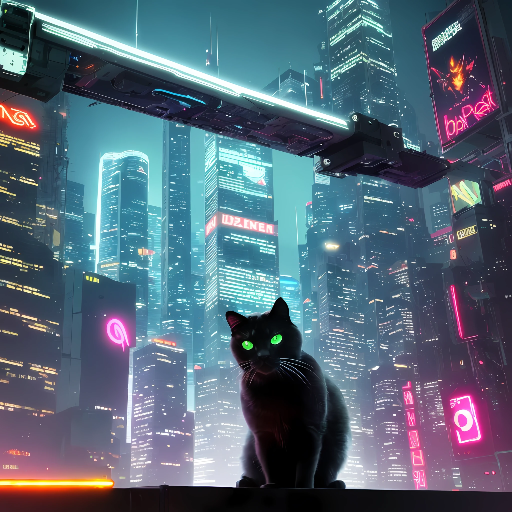 "cyberpunk machine cat", a sleek and muscular feline robot with glowing cybernetic enhancements prowls atop a towering skyscraper, framed by the neon-lit cityscape below. the cat's razor-sharp claws are ready to strike as it surveils its territory from above. the air is thick with the scent of pollution and the sounds of traffic below, adding to the gritty and industrial atmosphere. the mood is tense and anticipatory, as if the cat is preparing for an imminent danger. the atmosphere is disorienting and overwhelming, with neon lights and digital displays reflecting in the cat's metallic body. the lighting is harsh and angular, casting sharp shadows across the cityscape. #cyberpunk, #robotcat, #neon, #sleek