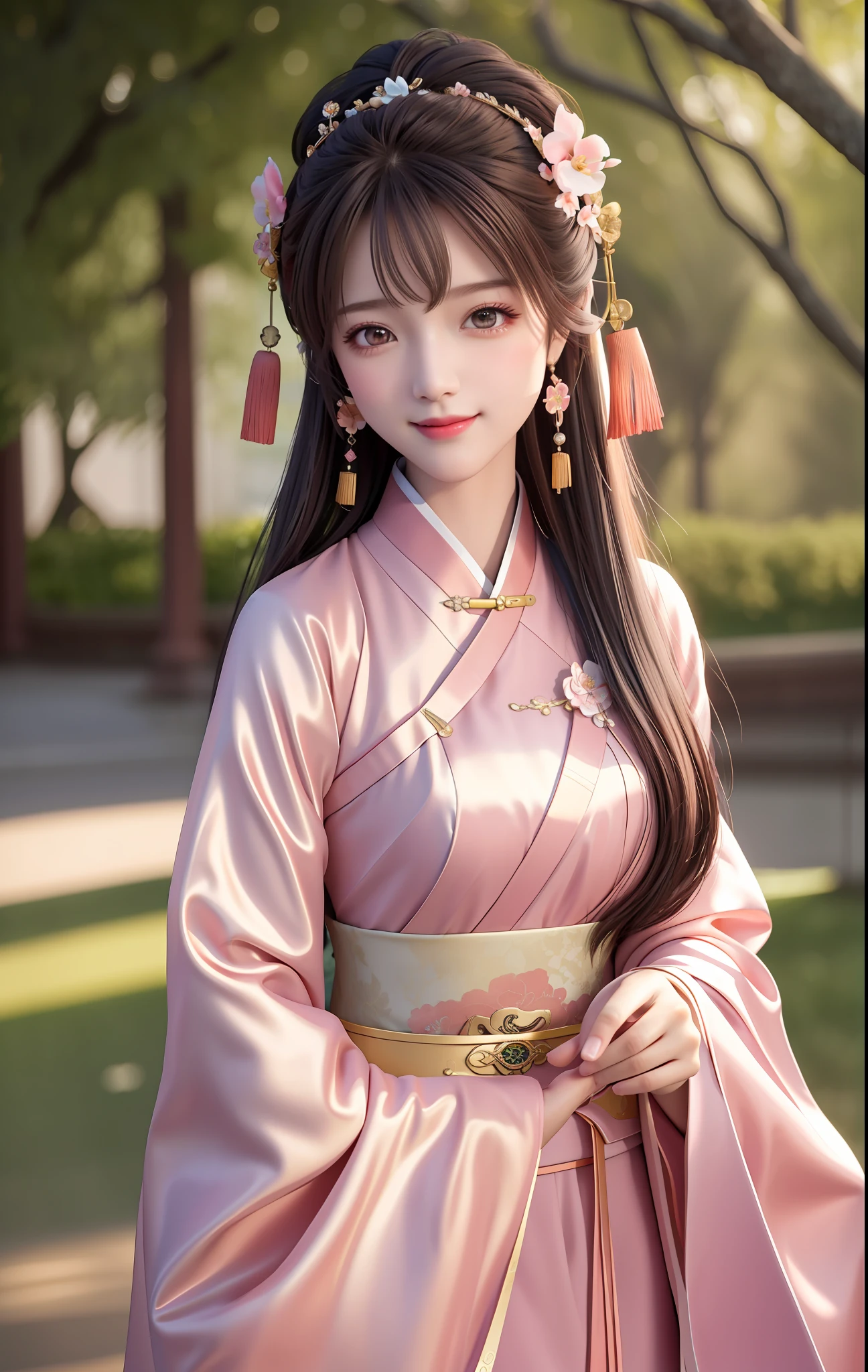 Awesome, Masterpiece, High Resolution, 1Girl, Blush, (Seductive Smile: 0.9), Star Pupil, Chinese Hanfu, Jewelry, Beauty, on_body, Tyndall Effect, Realistic, Peach Blossom Forest, Light Edge, Two-tone Lighting, (High Detail Skin: 1.2), 8K UHD, DSLR, Soft Light, High Quality, Volume Lighting, Candid Photo, High Resolution, 4K, 8K, Background Bokeh