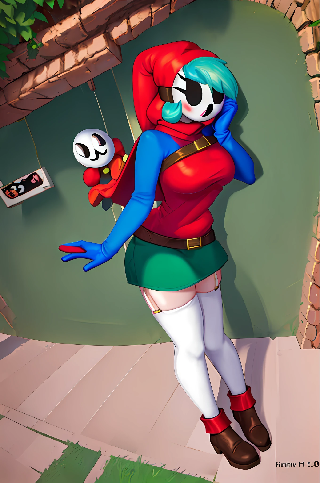 ((Best Quality, 4K, Masterpiece: 1.3)), a beautiful woman with perfect figure: 1.4, highly detailed facial and skin texture, posing facing camera, looking at viewer, shy guy mask on face, green hair, short tight red dress and blue boots (brown buckles, thighhighs (white), full body, full costume, ((full body wide shot)), (holding up shy guy mask: 1.2), [urban background, sun rays, raytracing, brick wall in background]