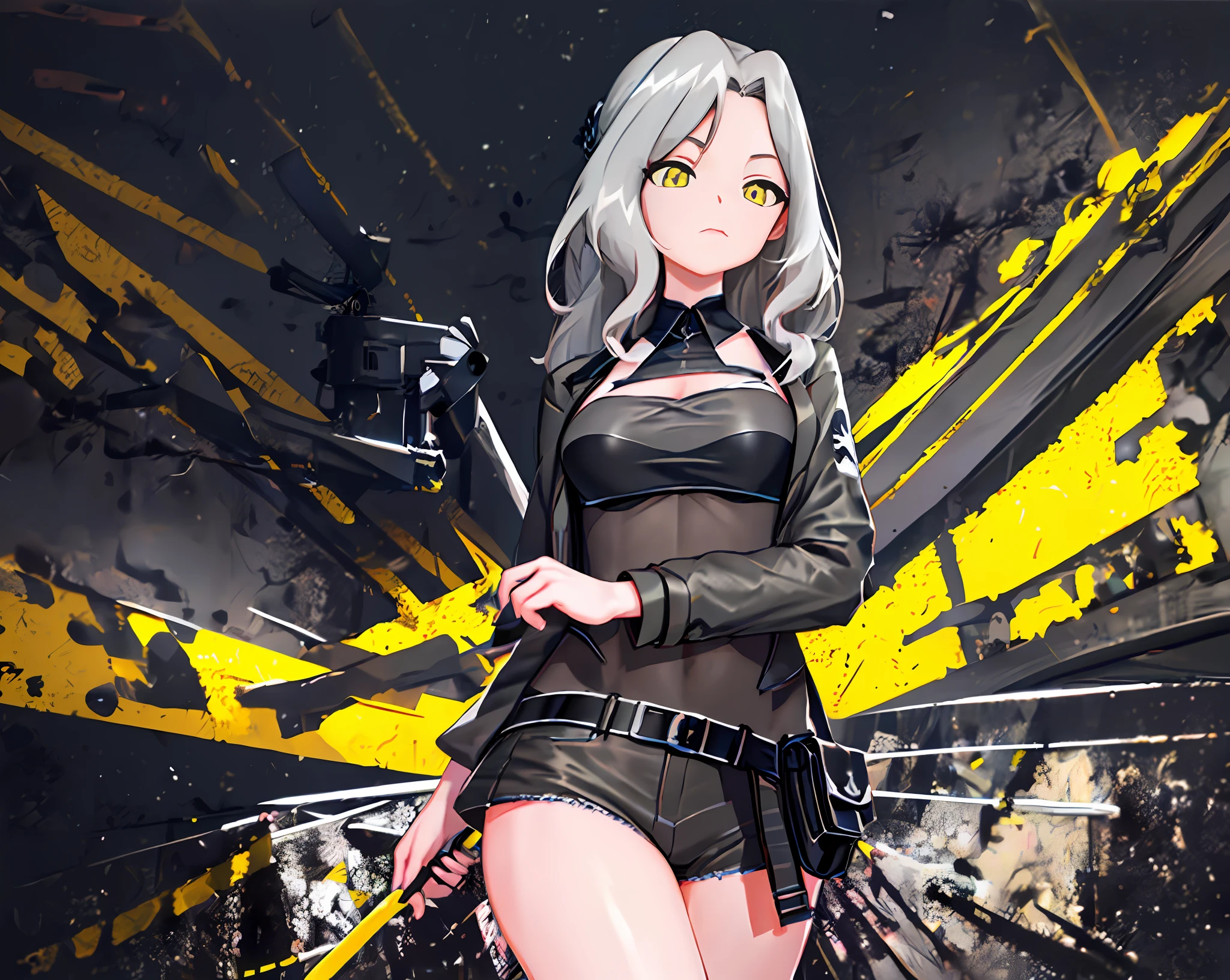 (top quality, masterpiece), (1 girl, solo, black suit, standing, watching viewer, gray hair, yellow eyes, mouth closed, upper body), (huge black bouquet background, floral background)