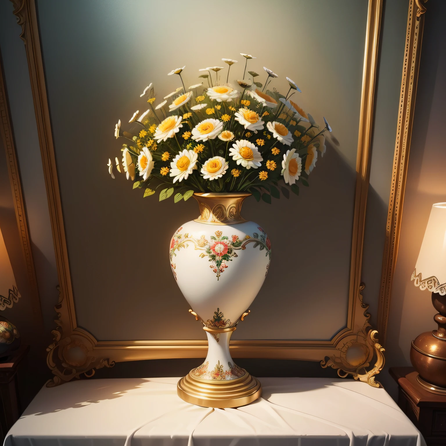 There is a painting of a vase with daisies, elegant flowers, , beautiful aesthetics, oil painting, roses, exploding roses, magic flowers, beautiful flowers, beautiful art, incredibly beautiful, I dream of a vase of flowers, decorative roses, oil painting, elegant and ornate, flowers, beautiful and elegant, , illuminated from the front