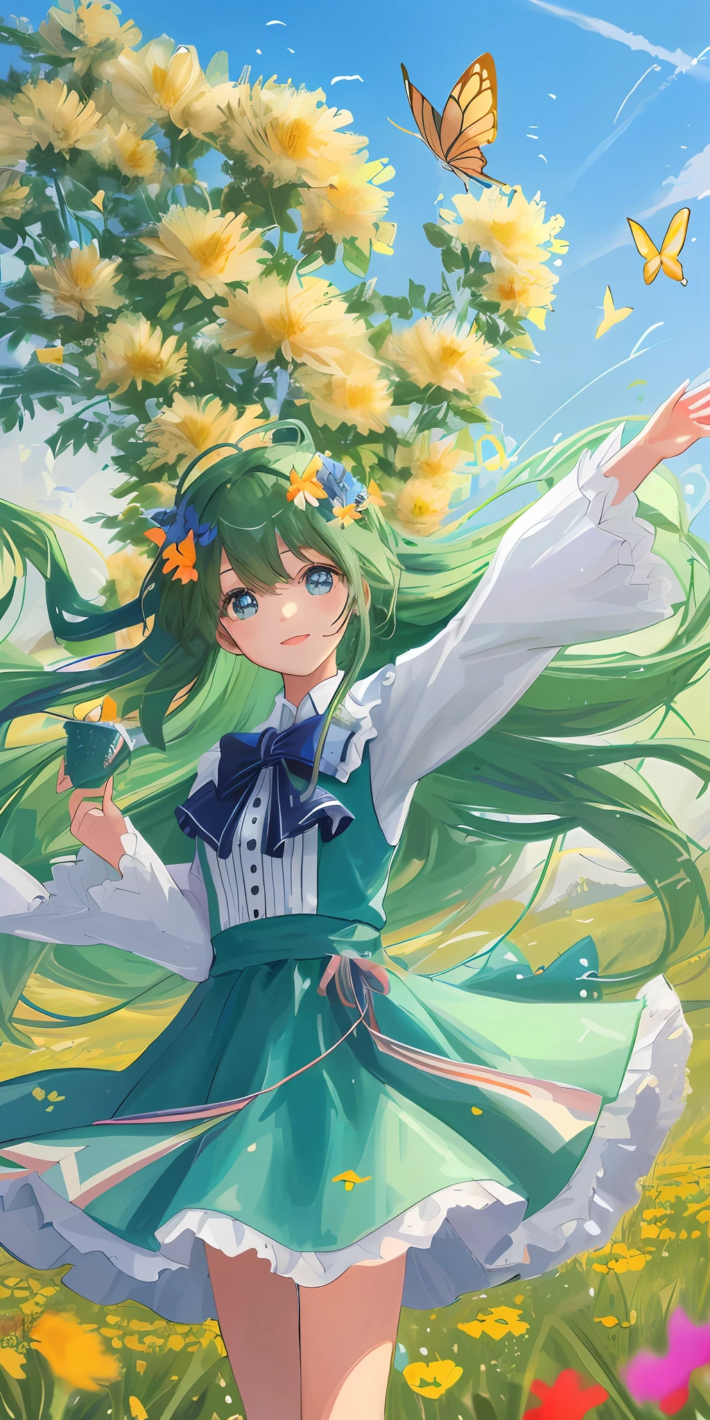 High Detail, Ultra Detail, Ultra High Resolution A cute and innocent girl is enjoying her time in an open field, surrounded by the beauty of nature, with the warm sun shining on her and wild flowers swaying gently in the breeze. Butterflies and birds flutter around her, adding to the playful atmosphere, --v6