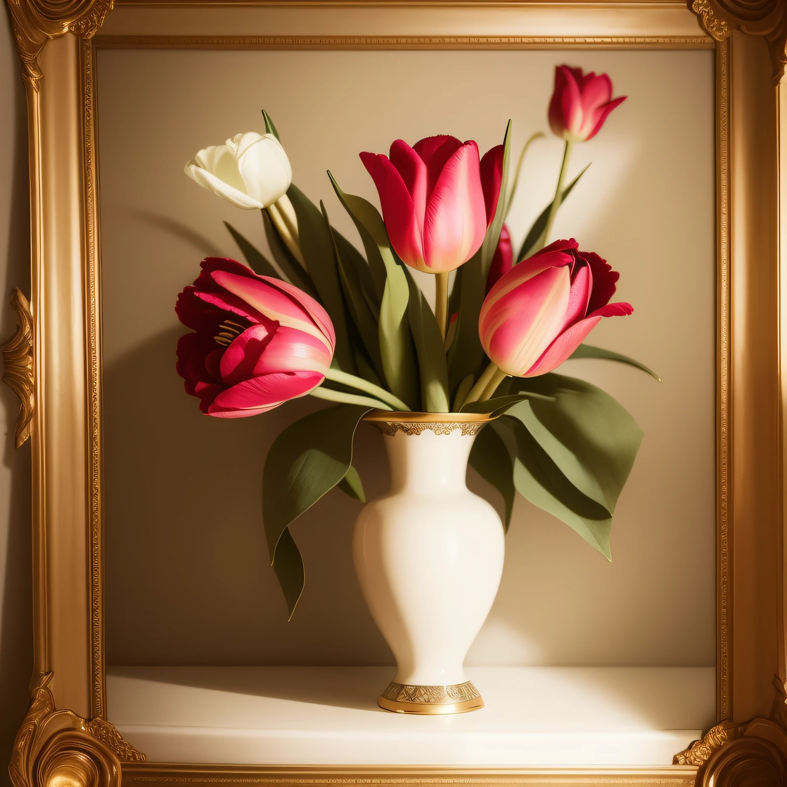 There is a painting of a vase with tulips, elegant flowers, , beautiful aesthetics, oil painting, roses, exploding roses, magic flowers, beautiful flowers, beautiful art, incredibly beautiful, I dream of a vase of flowers, decorative roses, oil painting, elegant and ornate, flowers, beautiful and elegant, , illuminated from the front