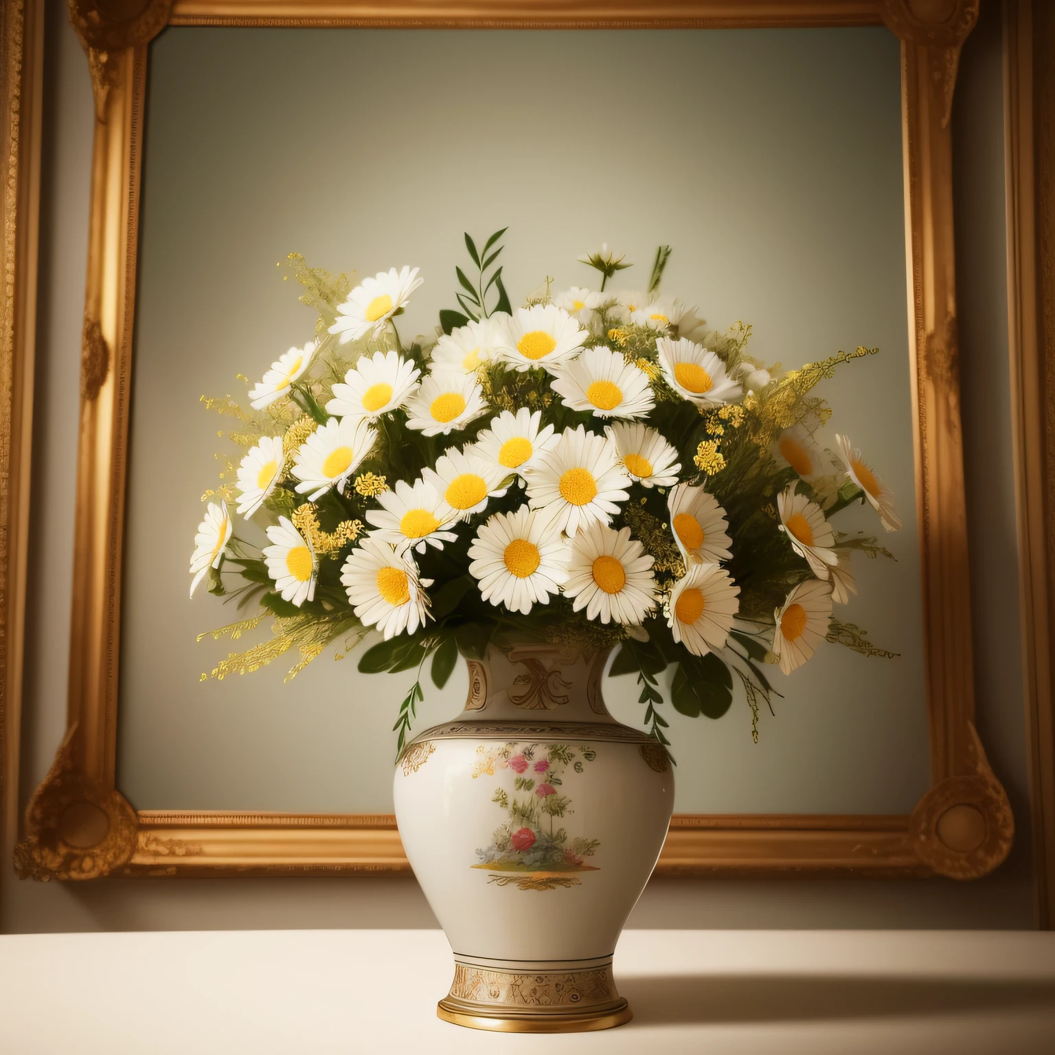 There is a painting of a vase with daisies, elegant flowers, , beautiful aesthetics, oil painting, roses, exploding roses, magic flowers, beautiful flowers, beautiful art, incredibly beautiful, I dream of a vase of flowers, decorative roses, oil painting, elegant and ornate, flowers, beautiful and elegant, , illuminated from the front