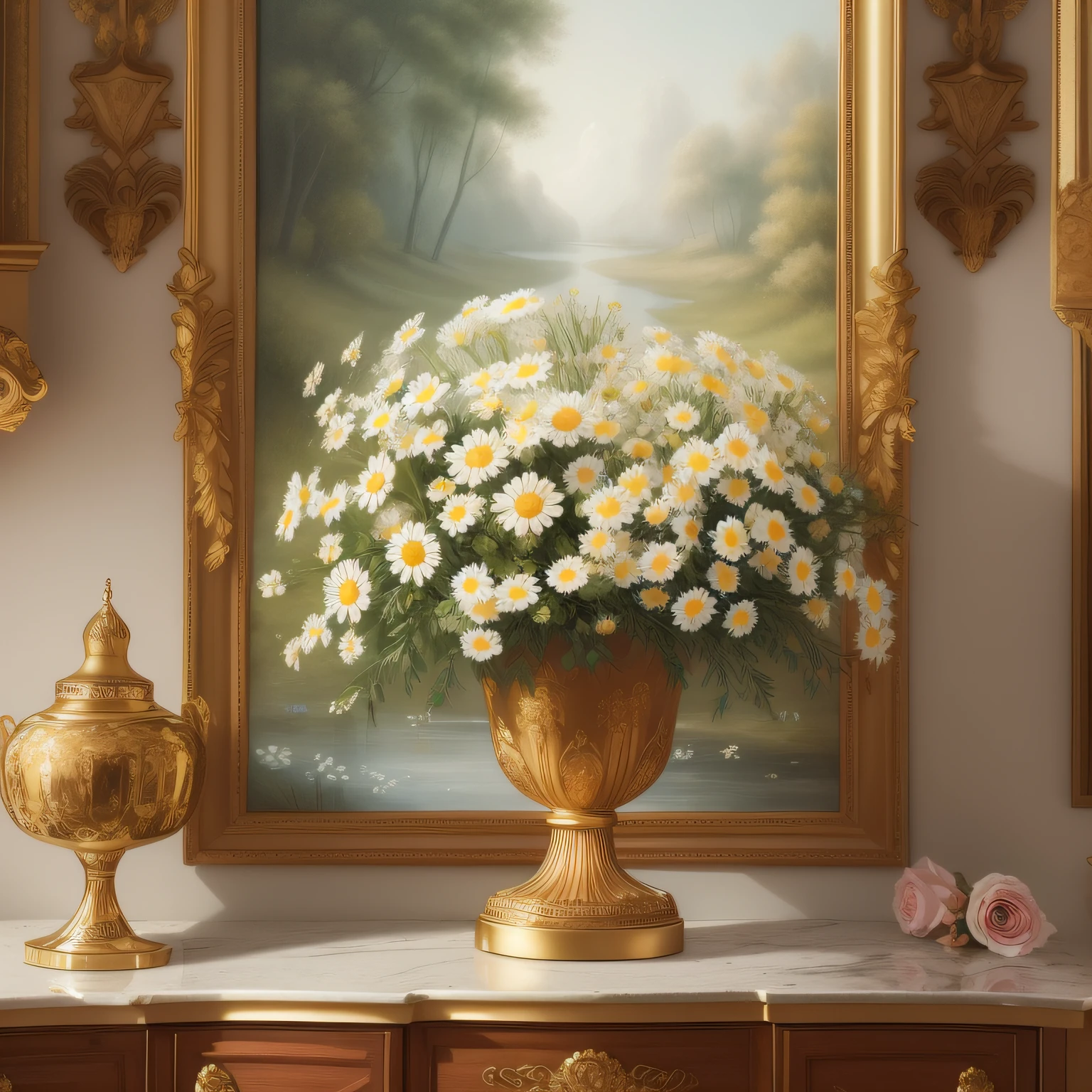 There is a painting of a vase with daisies, elegant flowers, , beautiful aesthetics, oil painting, roses, exploding roses, magic flowers, beautiful flowers, beautiful art, incredibly beautiful, I dream of a vase of flowers, decorative roses, oil painting, elegant and ornate, flowers, beautiful and elegant, , illuminated from the front