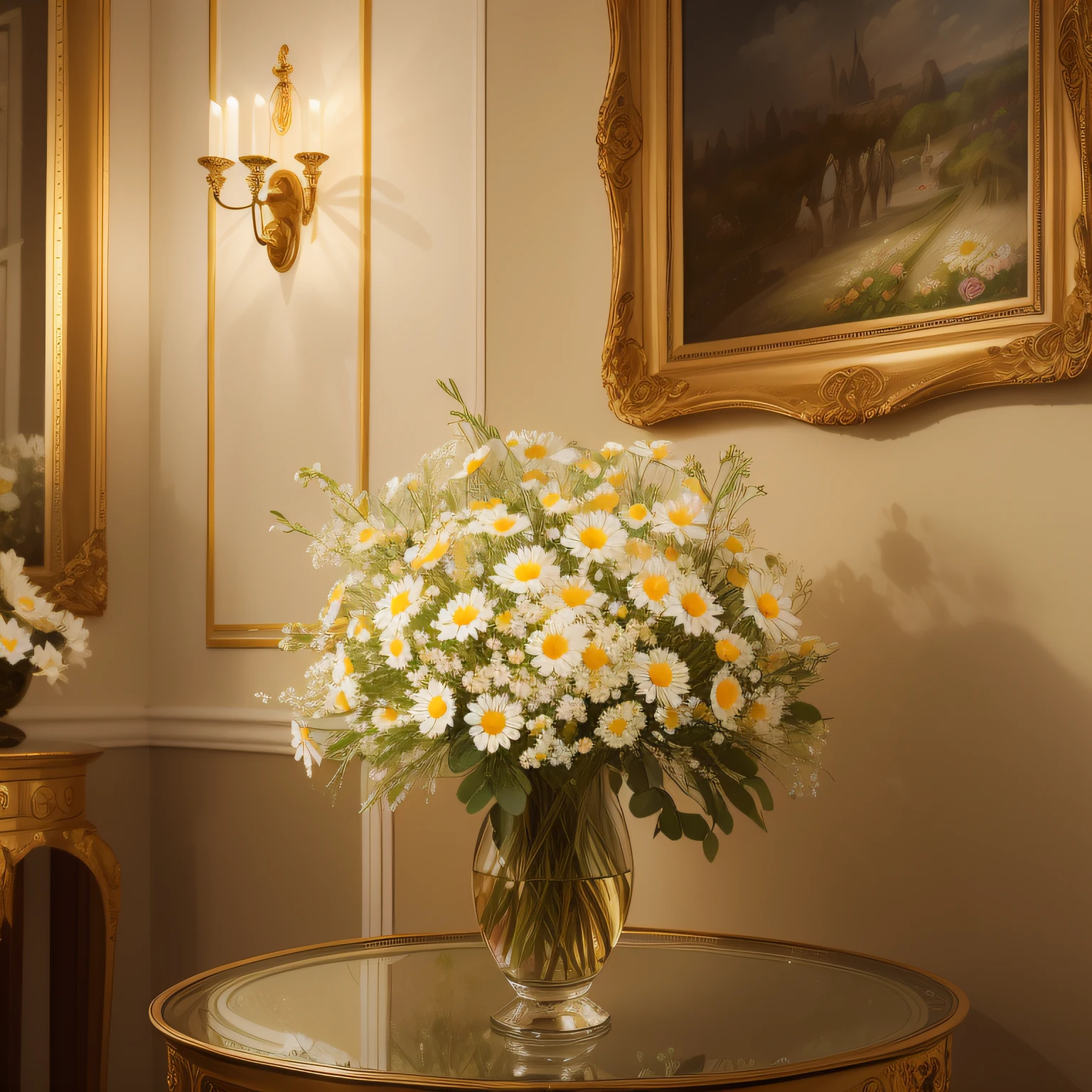 There is a painting of a vase with daisies, elegant flowers, , beautiful aesthetics, oil painting, roses, exploding roses, magic flowers, beautiful flowers, beautiful art, incredibly beautiful, I dream of a vase of flowers, decorative roses, oil painting, elegant and ornate, flowers, beautiful and elegant, , illuminated from the front