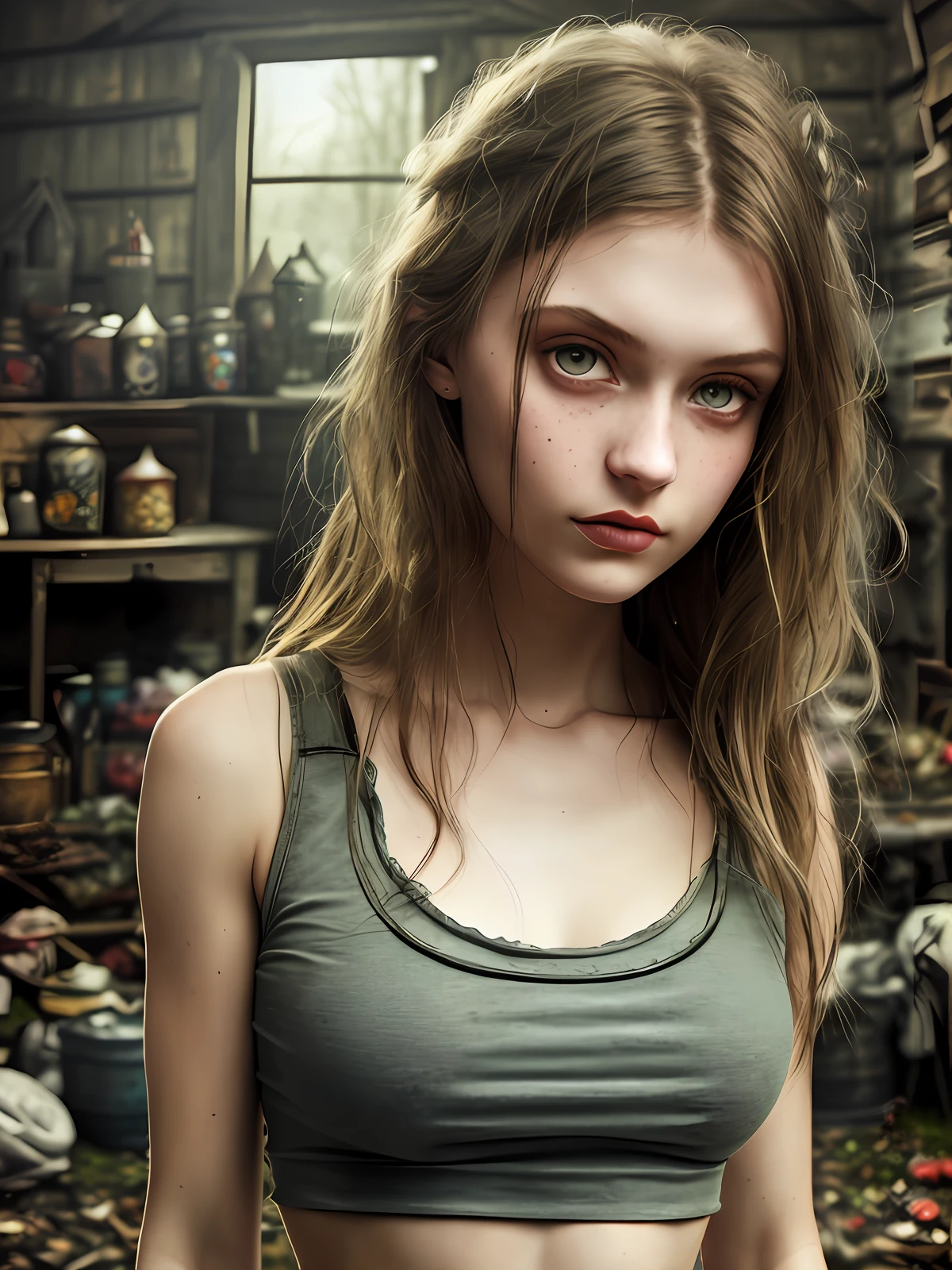 Dark background, hyper real photo of ((beautiful young russian woman inside a cluttered barn full of zombies wearing worn-out torn cotton croptop)), escapes from the pursuit of a scary zombie, abs, model posing, ((detailed realistic face and eyes)), cinematic lighting, 8k resolution, (modelshoot style), sunset, (from_below:1.4), soft small covered by (ripped torn cotton tanktop), natural breasts