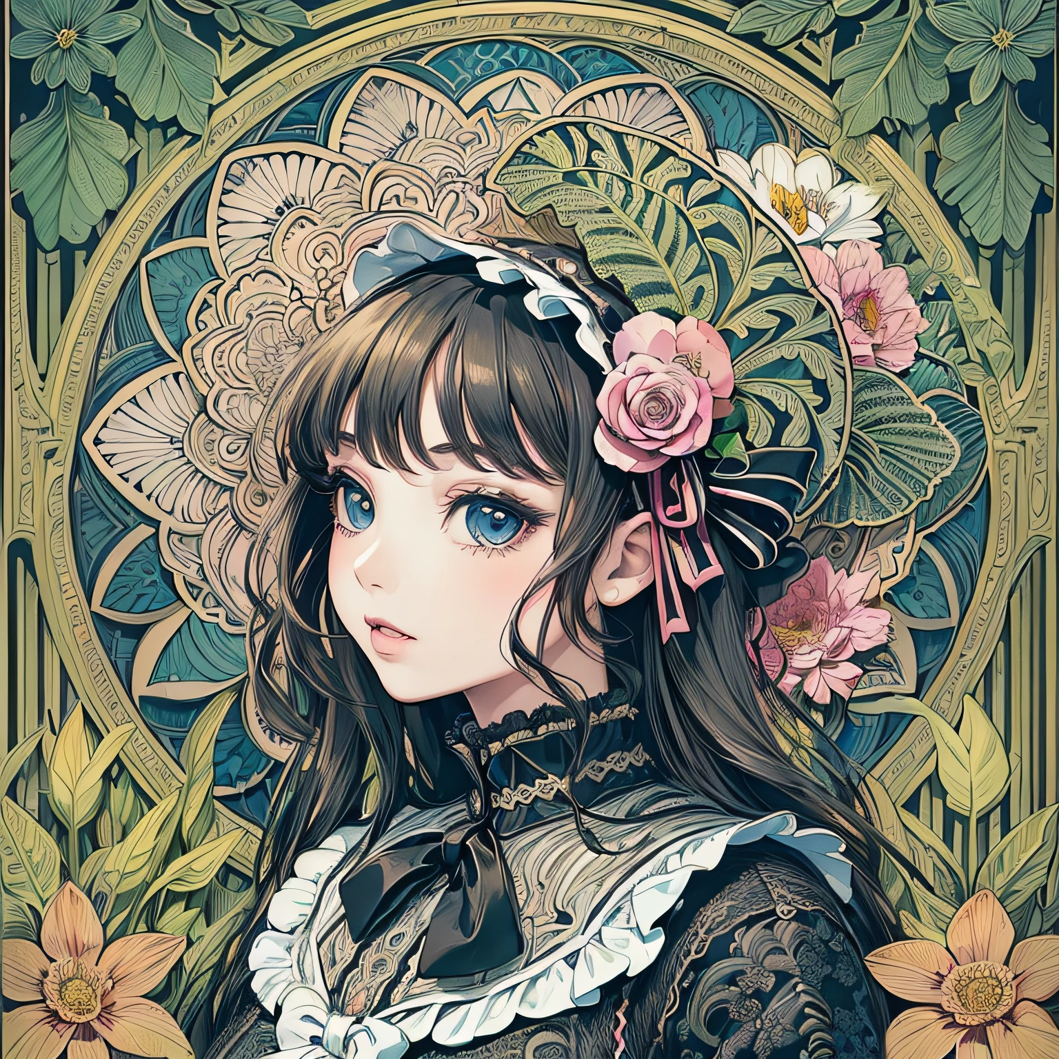 (masterpiece, top quality, best, official art, beautiful and aesthetic:1.2), 1girl, (pop art:1.4), (zentangle, flower effects:1.2), (art nouveau:1.1),(Gothic Lolita:1.3) --auto --s2