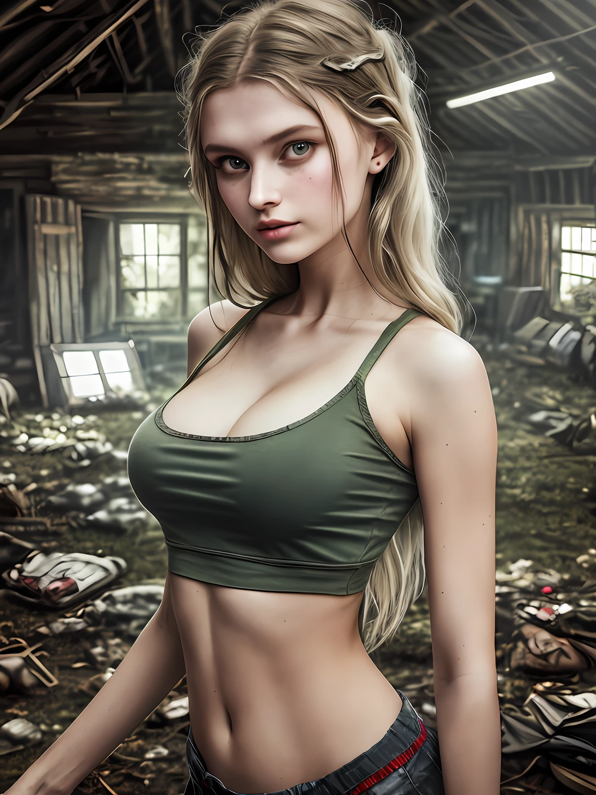 Dark background, hyper real photo of ((beautiful young russian woman inside a cluttered barn full of zombies wearing worn-out torn cotton croptop)), escapes from the pursuit of a scary zombie, abs, model posing, ((detailed realistic face and eyes)), cinematic lighting, 8k resolution, (modelshoot style), sunset, (from_below:1.4), soft small covered by (ripped torn cotton tanktop), natural breasts