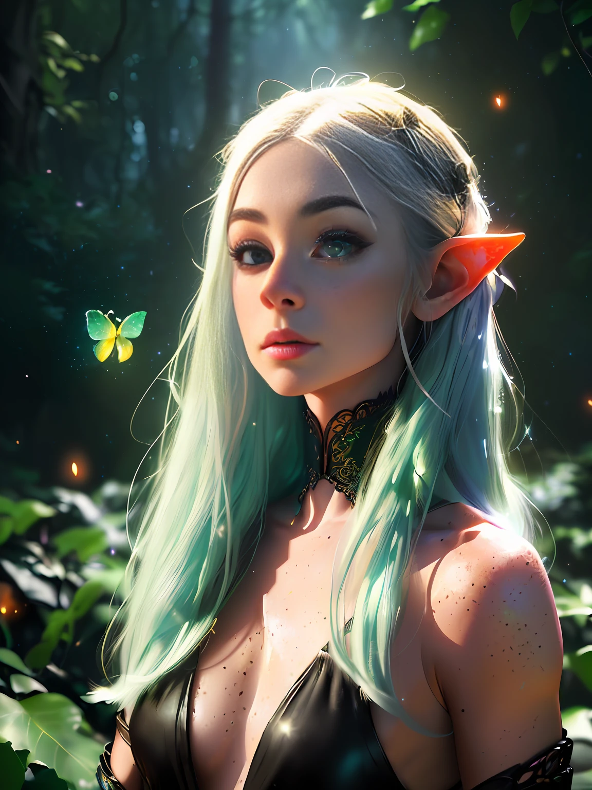 a portrait of a elf girl with freckles and bright striking blue eyes posing for a photo,full body, bare shoulders, muscular, fit, defined abs, thongs, (prominent cameltoe) white freckles, long flowing green hair flying, glowing radiance, beautiful pale makeup, color portrait, stunning portrait, elegant freckles, wearing black thongs with glowing runes of power, black gloves, star-shine, gold dust spread across her skin and her face, (dark, hyper-realistic photos (((portrait))) refraction ,Dark background of magical night forest, deep woods, towering ruins, starlight skies, A mystical and epic landscape, featuring a fantastical and surreal world of floating islands, giant trees, and mythical creatures, that transport the viewer to a world of imagination and wonder, artstation, digital art, intricate, trending, bright colors suitable for viewing in public places A masterpiece, the best quality, stunning reflections, the best reflections ever. (very detailed CG unity 8k wallpapers), (best quality), (best illustrations), (best shadows), forest theme with natural elements. Tall trees, quiet streams, small glowing mushrooms surrounded by delicate leaves and branches, with fireflies and glowing particle effects,, (natural elements), (jungle theme), (leaves), (twigs), (fireflies), butterflies, (delicate leaves), (glow), (particle effects). , Isometric 3D, Octane Rendering, Ray Traced, Super Detailed