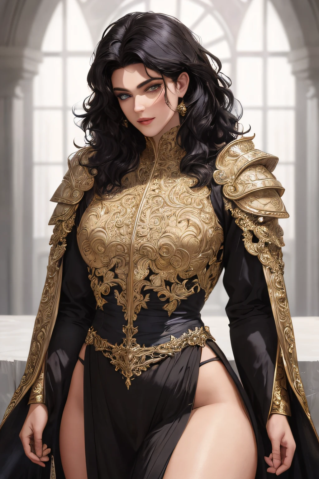 masterpiece: 1.2, best quality), realistic, (real image, intricate details, depth of field), (1boy, solo), makeup, split lips, highly detailed, perfect face, (skin dentition), thick thighs, wide hips, small waist, and huge black hair, wearing armor, king, sexy, dye, seductive, black