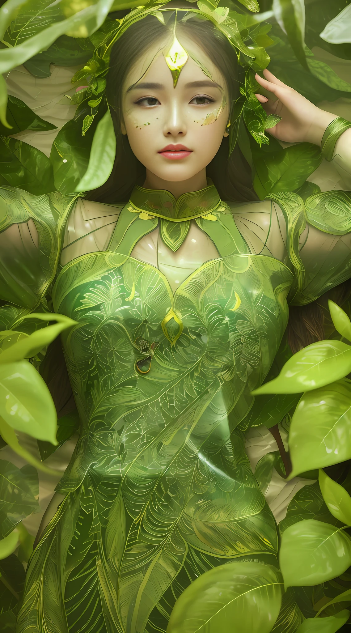 Handicraft photo, photo of a large leaf of an artificial tree, upside, leaves through the afternoon sun, intricate, shiny, transparent, translucent, (women are painted on the leaves), medium view, close-up of leaves, grotesque art style, extremely creative, ethereal, simple and mysterious, high quality, 8k