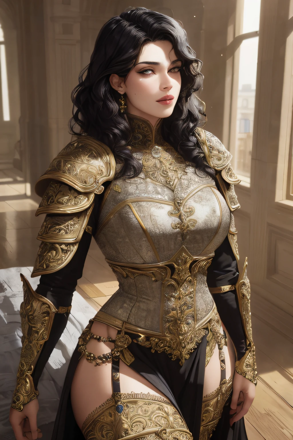 masterpiece: 1.2, best quality), realistic, (real image, intricate details, depth of field), (1boy, solo), makeup, split lips, highly detailed, perfect face, (skin dentition), thick thighs, wide hips, small waist, and huge black hair, wearing armor, king, sexy, dye, seductive, black
