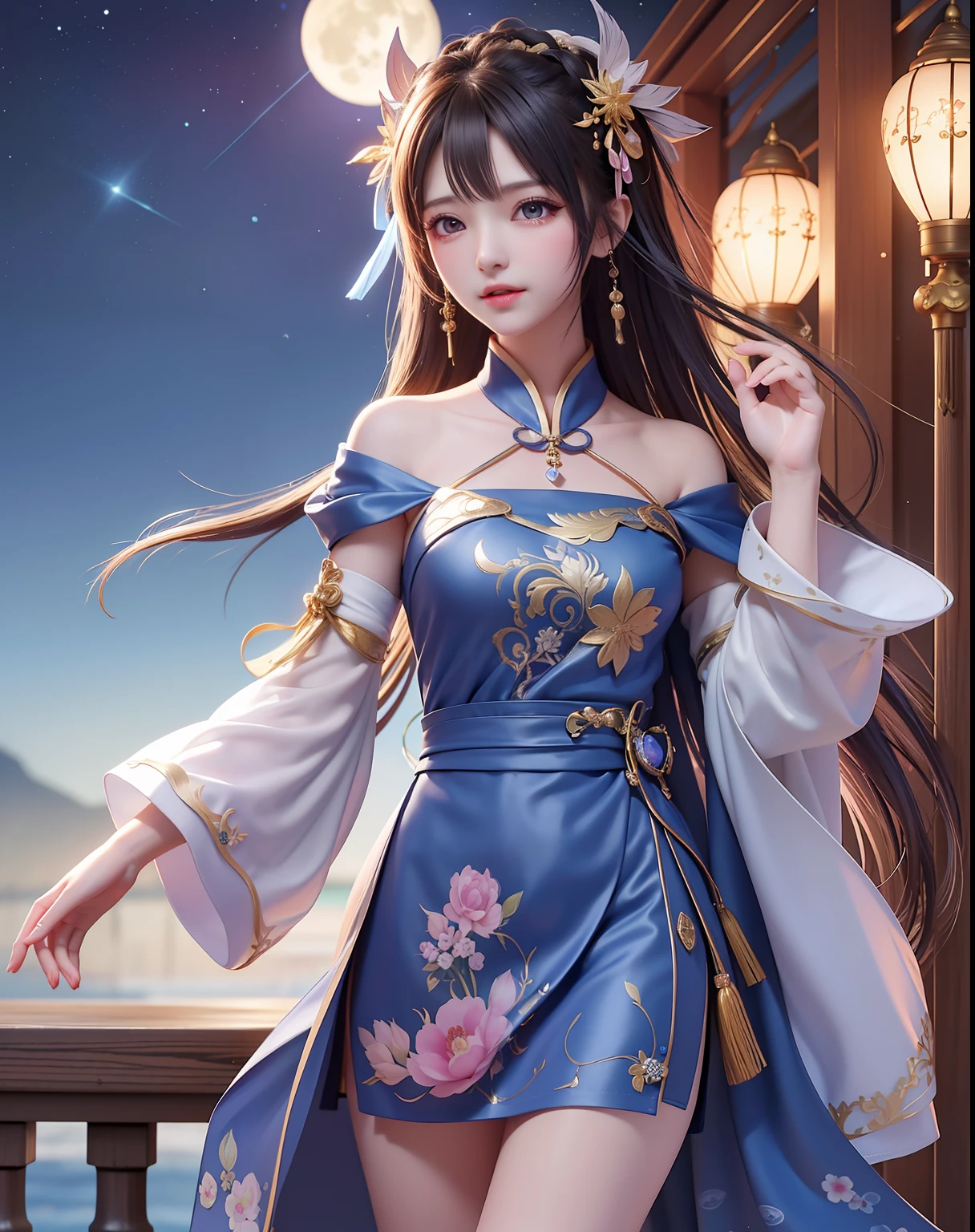 (8k, RAW photo:1.2), best quality, ultra high res,dramatic angle,(fluttered detailed color splashs), (illustration),(((1 girl))),(long hair),(rain:0.9), (头饰:1.4),少女身边有一座古宫,汉服,(重点),彩色水墨画,(泼彩),泼彩,(((colorful))),(素描:0.8) , Masterpiece, best quality, beautiful painted, highly detailed,(denoising:0.6),[splash ink],((ink refraction)), (beautiful detailed sky),moon,highly,detaild,(masterpiece, best quality, extremely detailed） CG unity 8k壁纸，杰作，最好的质量，超详细），（石蒜），