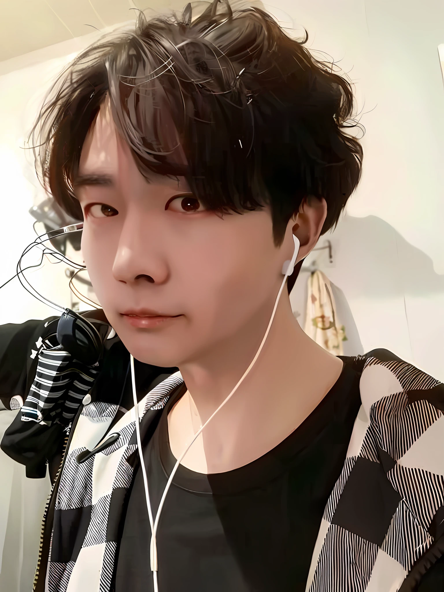 arafed man with earphones and a plaid shirt in a room, hong june hyung, taejune kim, jinyoung shin, yanjun chengt, hyung tae, jaeyeon nam, male ulzzang, by Kanbun Master, black haired yoongi, with head phones, seseon yoon, with short hair, with headphones, inspired by jeonseok lee, jungkook