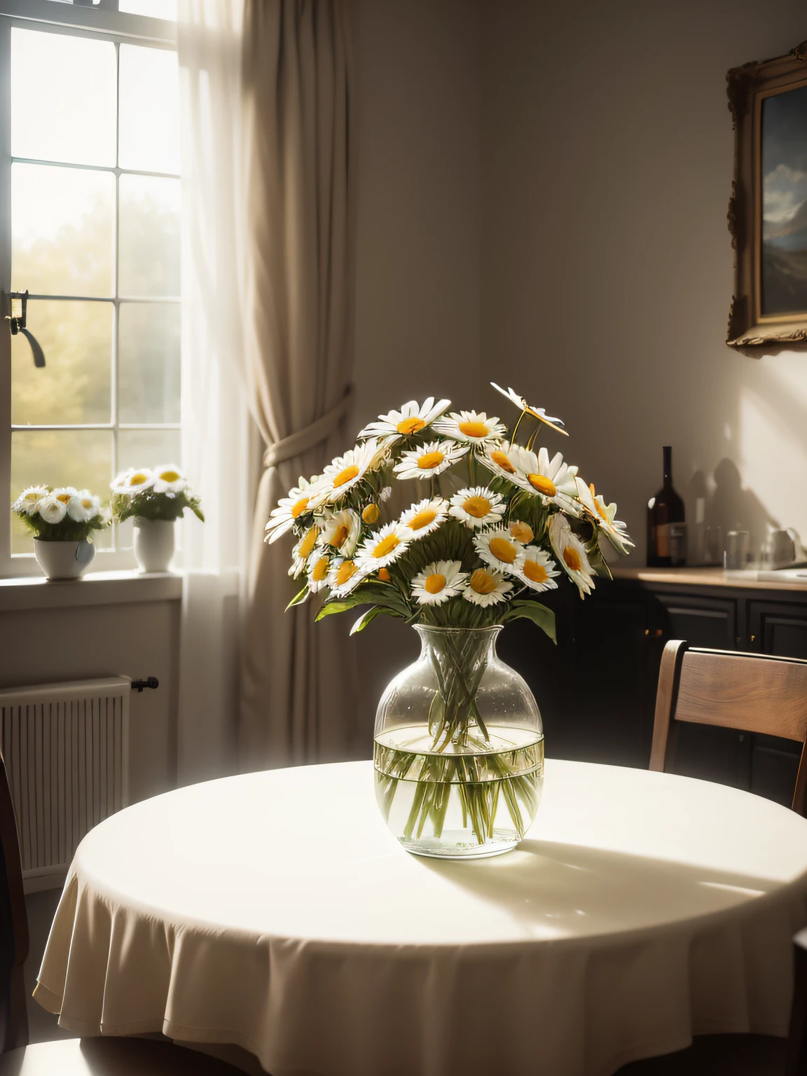 there are a bunch of daisies in a glass vase on a table, daisies, by Alison Geissler, by Sylvia Wishart, inspired by Pieter Claesz, by Joan Ayling, by Hans Gude, still life photography, by Anne Dunn, by Gerard Seghers, by Carl Rahl, by Yasushi Sugiyama, by Jan Pynas