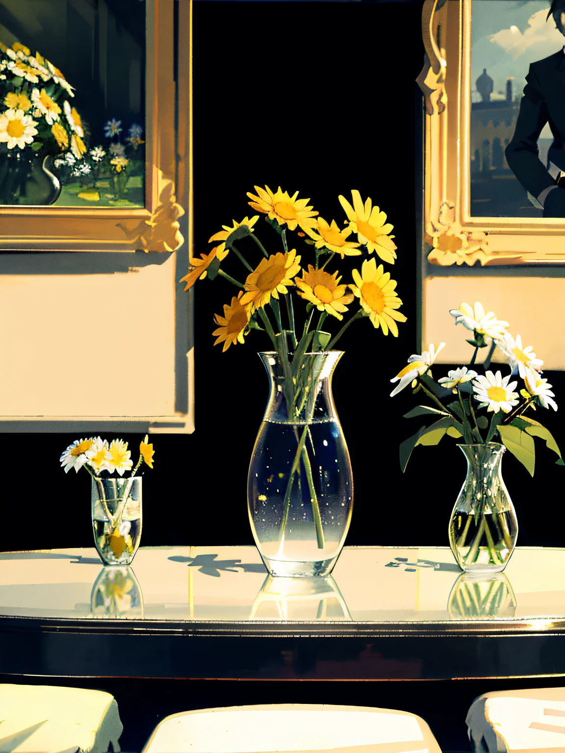 there are a bunch of daisies in a glass vase on a table, daisies, by Alison Geissler, by Sylvia Wishart, inspired by Pieter Claesz, by Joan Ayling, by Hans Gude, still life photography, by Anne Dunn, by Gerard Seghers, by Carl Rahl, by Yasushi Sugiyama, by Jan Pynas