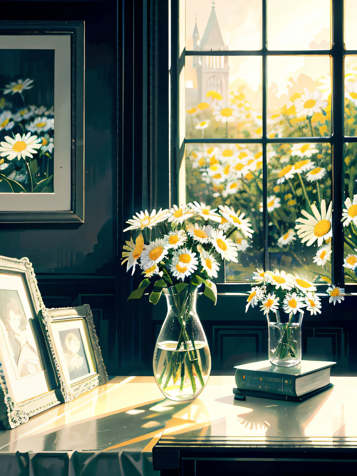 there are a bunch of daisies in a glass vase on a table, daisies, by Alison Geissler, by Sylvia Wishart, inspired by Pieter Claesz, by Joan Ayling, by Hans Gude, still life photography, by Anne Dunn, by Gerard Seghers, by Carl Rahl, by Yasushi Sugiyama, by Jan Pynas