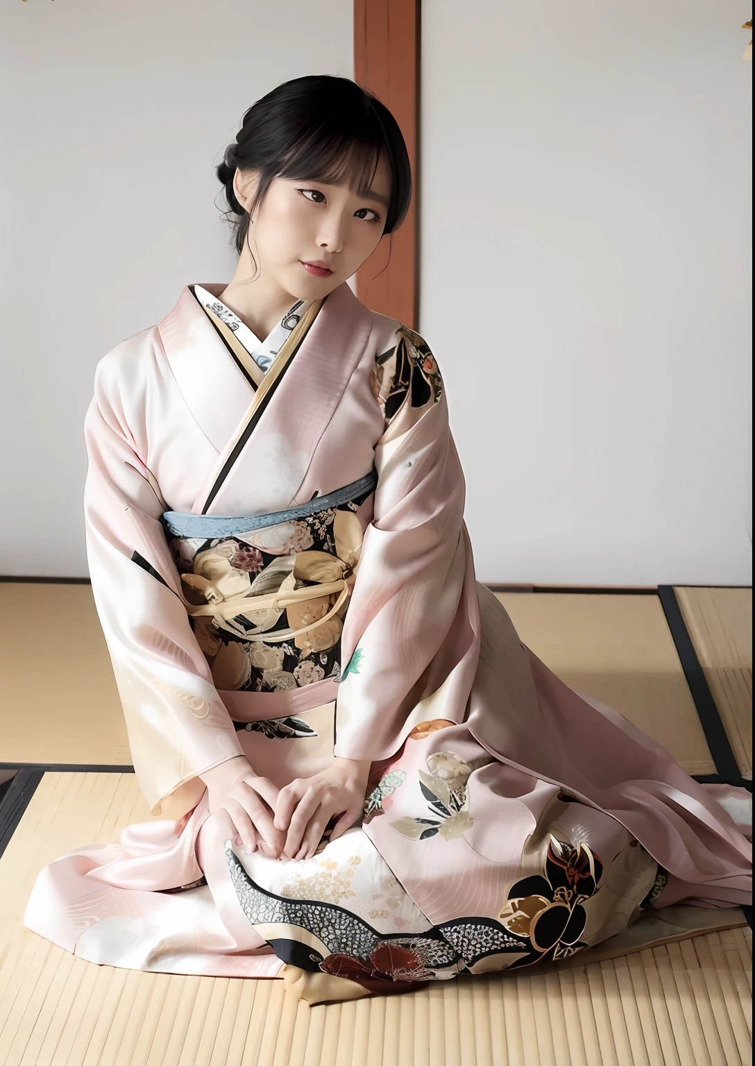 araffe woman in a kimono sitting on the floor with a cat, in kimono, pale and coloured kimono, wearing royal kimono, traditional japanese, japanese kimono, classy yukata clothing, wearing kimono, pale pink and gold kimono, kimono, japanese clothes, wearing a kimono, yukata clothing, in a kimono, edo style, wearing a haori, classic kimono