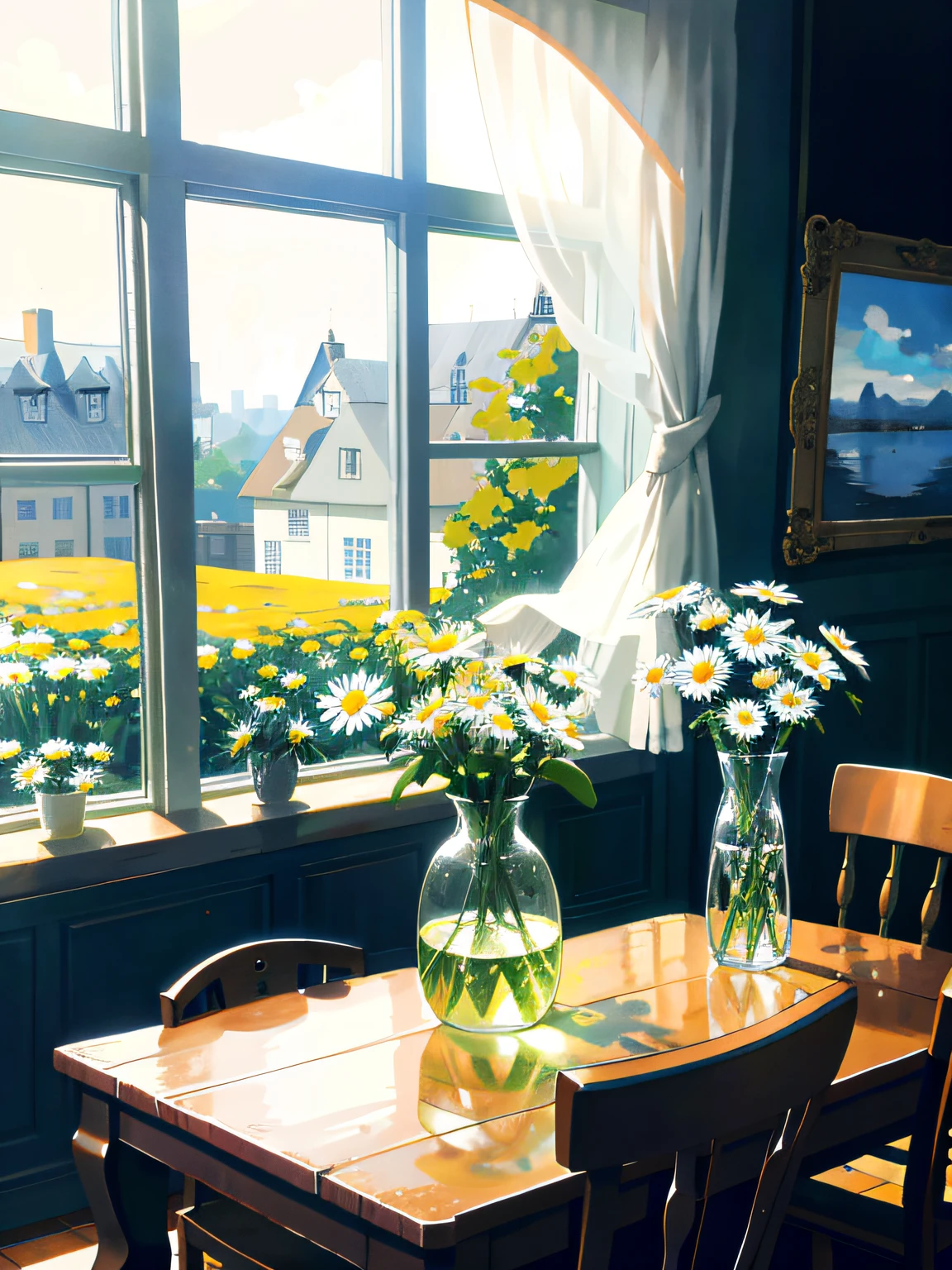 there's a bunch of daisies in a glass vase on a table, daisies, by Alison Geissler, by Sylvia Wishart, inspired by Pieter Claesz, Joan Ayling, Hans Gude, still life photography, by Anne Dunn, by Gerard Seghers, by Carl Rahl, by Yasushi Sugiyama, by Jan Pyna, oil painting, impresionist