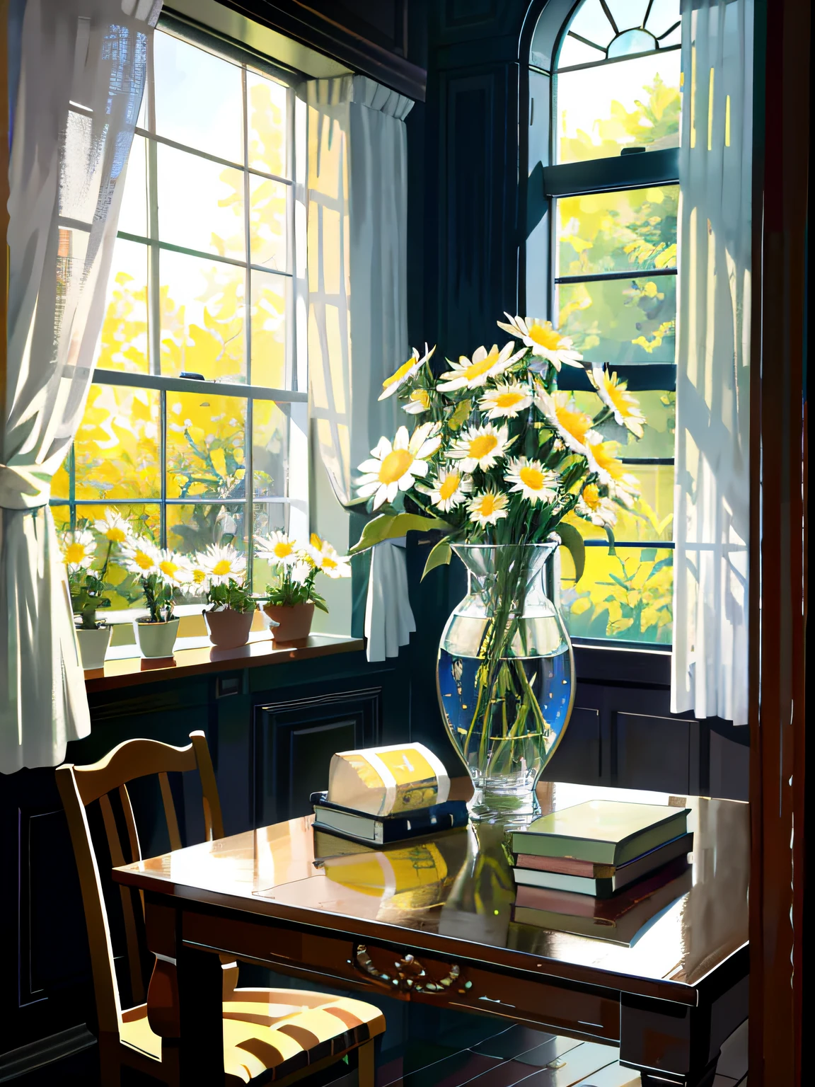 there's a bunch of daisies in a glass vase on a table, daisies, by Alison Geissler, by Sylvia Wishart, inspired by Pieter Claesz, Joan Ayling, Hans Gude, still life photography, by Anne Dunn, by Gerard Seghers, by Carl Rahl, by Yasushi Sugiyama, by Jan Pyna, oil painting, impresionist