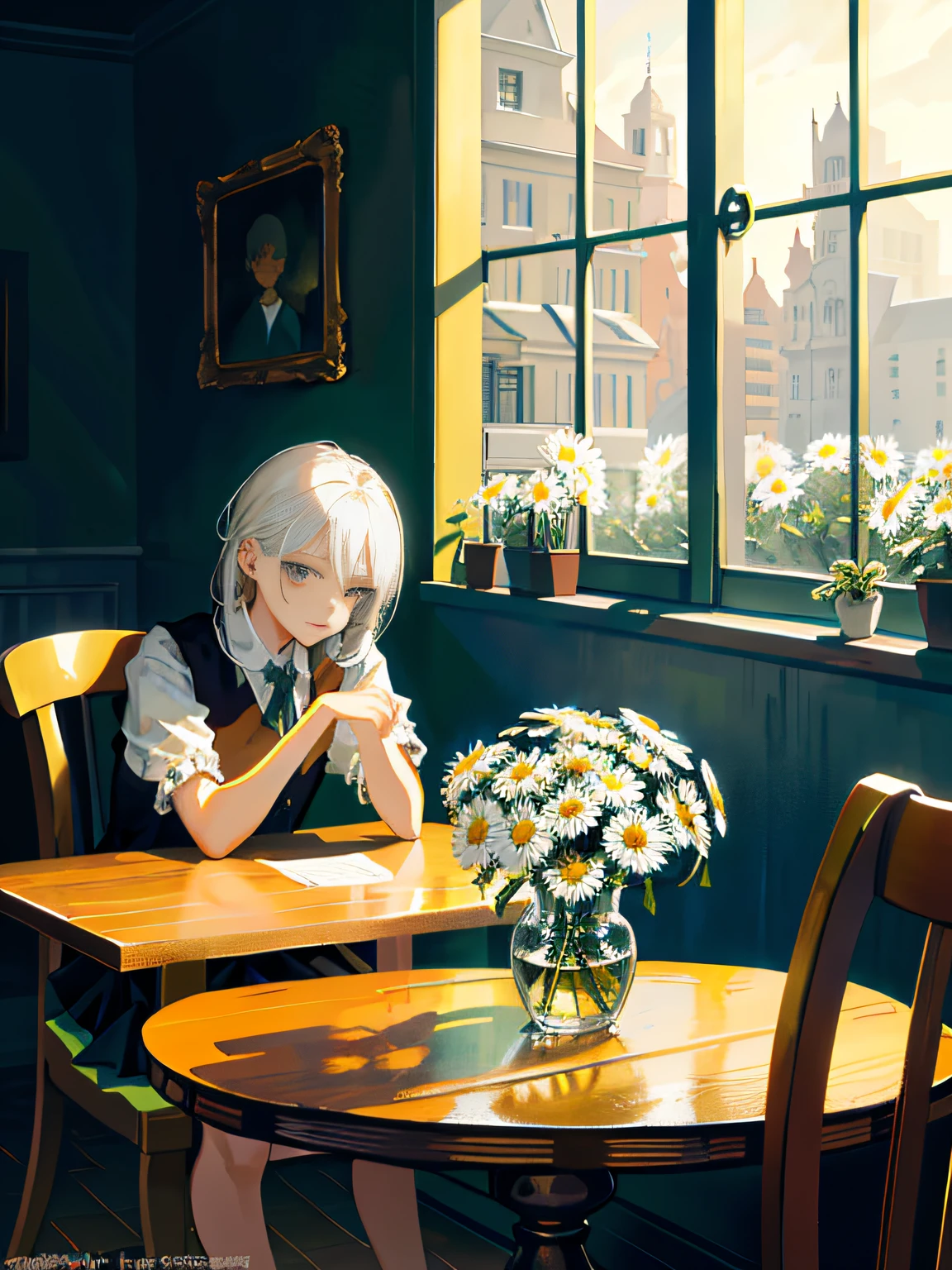 there's a bunch of daisies in a glass vase on a table, daisies, behind there is a concrete wall, by Alison Geissler, by Sylvia Wishart, inspired by Pieter Claesz, by Joan Ayling, by Hans Gude, still life photography, by Anne Dunn, by Gerard Seghers, by Carl Rahl, by Yasushi Sugiyama, by Jan Pyna, oil painting, Impresionist