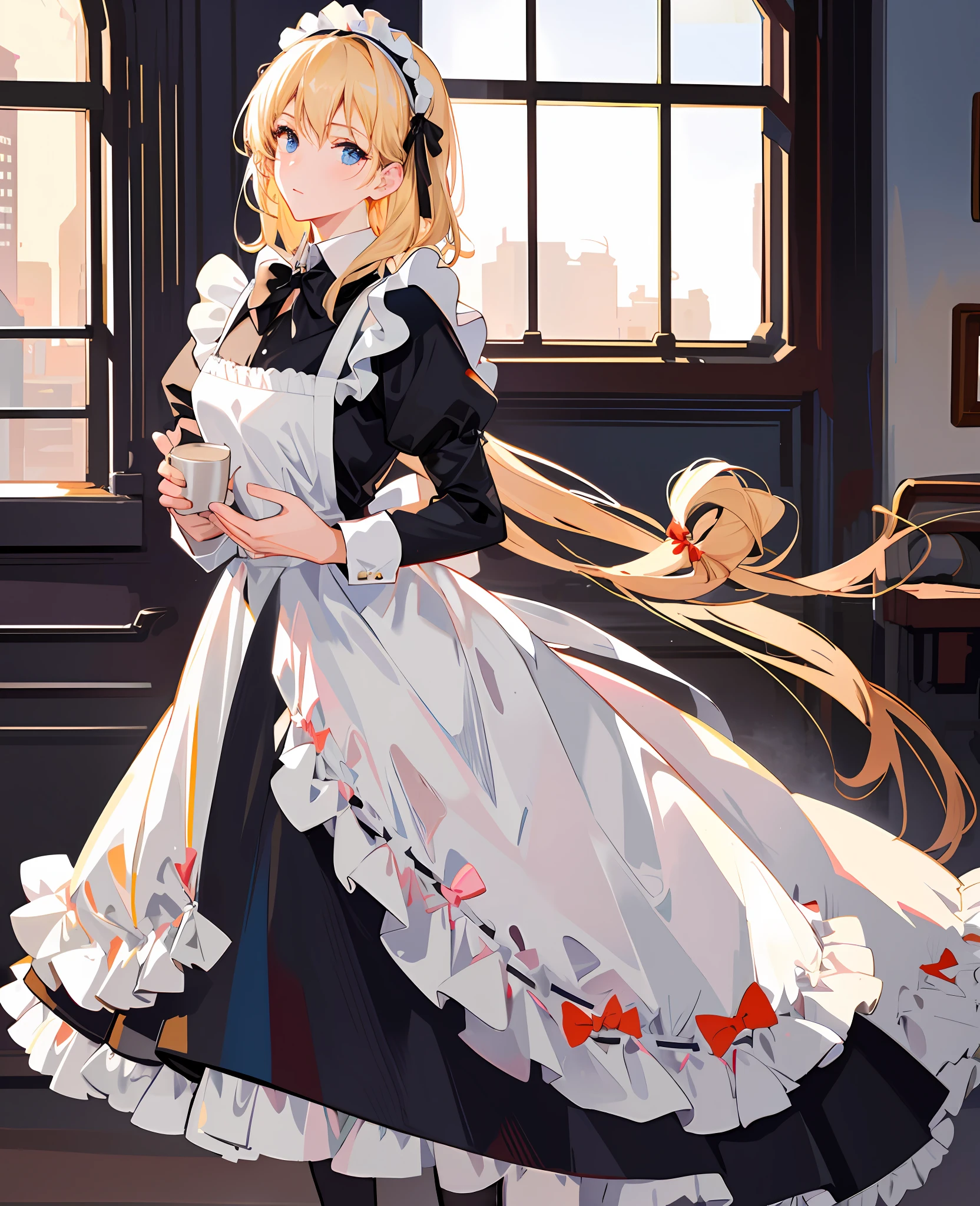 (masterpiece:1.2, best quality, highres, ), (realistic, photorealistic:1.2), realistic, (1boy, french maid, solo, ), cowboy shot, (beautiful eyes:1.05), (black maid dress:1.1, White Maid Apron: 1.1, Bow Hair Accessories: 1.05, Maid Headband: 1.05, Maid Bow Tie: 1.05, Wrist: 1.05,), Lace Stockings, Maid Shoes, Lace Trim, Perfect Figure, Cafe, Soft Light Shines on Face, Realistic Light Reflection, Unreal Engine, Depth of Field, Blonde, Femboy, Kaveh