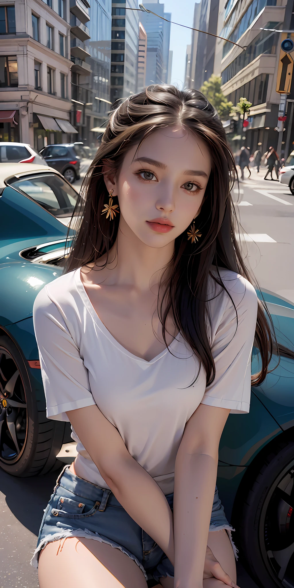 Best quality, masterpiece, super high resolution, (realistic: 1.4), original photo, (evening street), 1 girl, black eyes, looking at the audience, long hair, light makeup, lips, small ears, white t-shirt, denim shorts, earrings, sitting on Ferrari, big breasts, slim