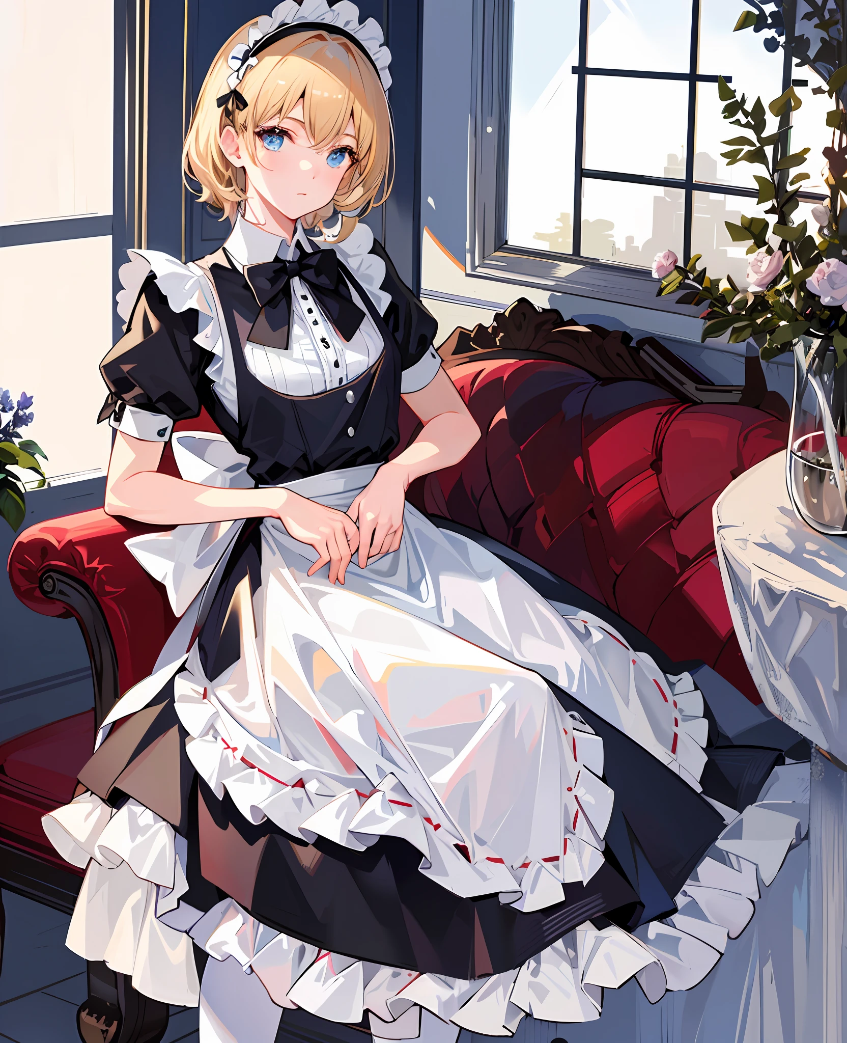 (masterpiece:1.2, best quality, highres, ), (realistic, photorealistic:1.2), realistic, (1boy, french maid, solo, ), cowboy shot, (beautiful eyes:1.05), (black maid dress:1.1, White Maid Apron: 1.1, Bow Hair Accessories: 1.05, Maid Headband: 1.05, Maid Bow Tie: 1.05, Wrist: 1.05,), Lace Stockings, Maid Shoes, Lace Trim, Perfect Figure, Cafe, Soft Light Shines on Face, Realistic Light Reflection, Unreal Engine, Depth of Field, Blonde, Femboy, Kaveh